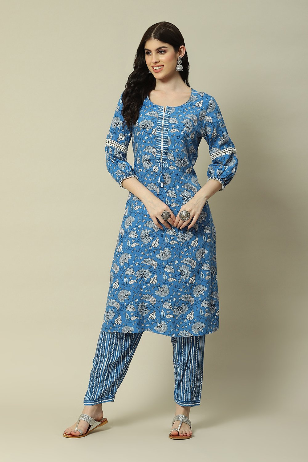 Blue LIVA Straight Printed Kurta Palazzo Suit Set image number 6