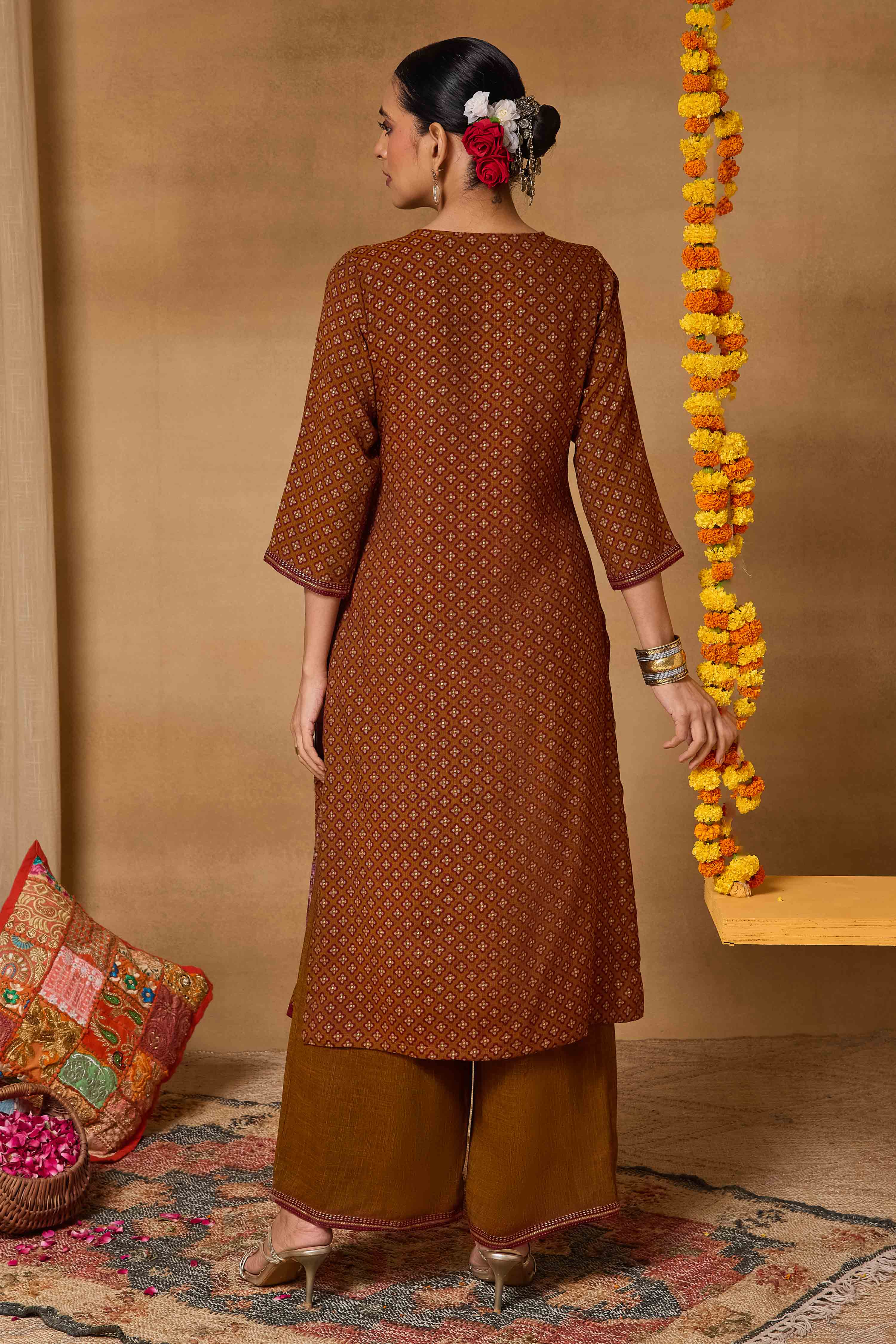 Mustard Viscose Blend Straight Printed Suit Set image number 5