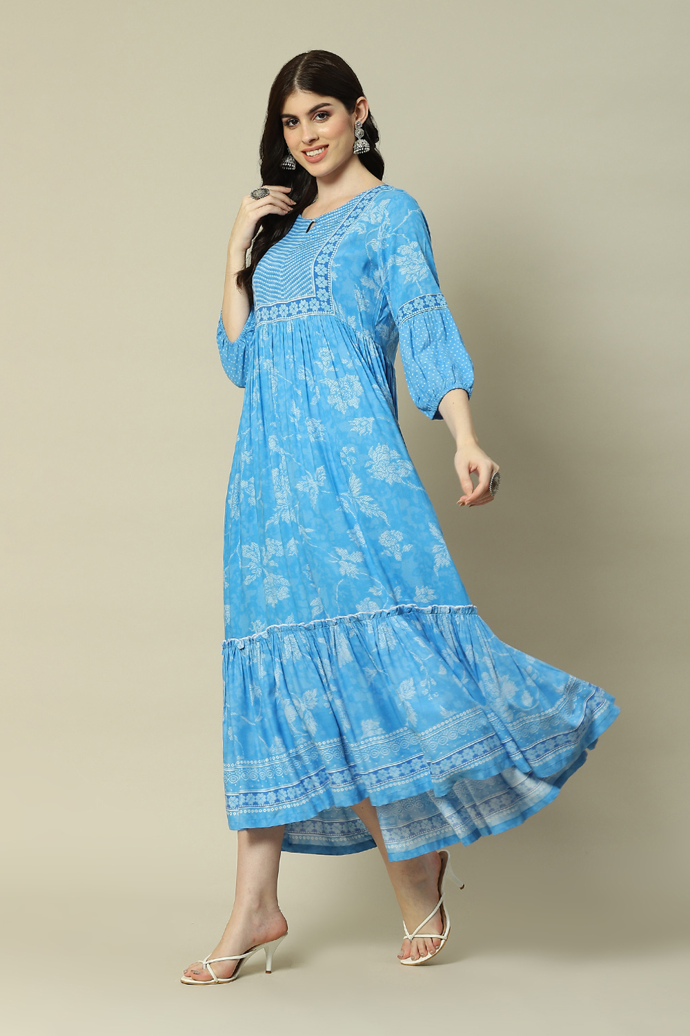Aqua Blue Viscose Tiered Printed Dress image number 0