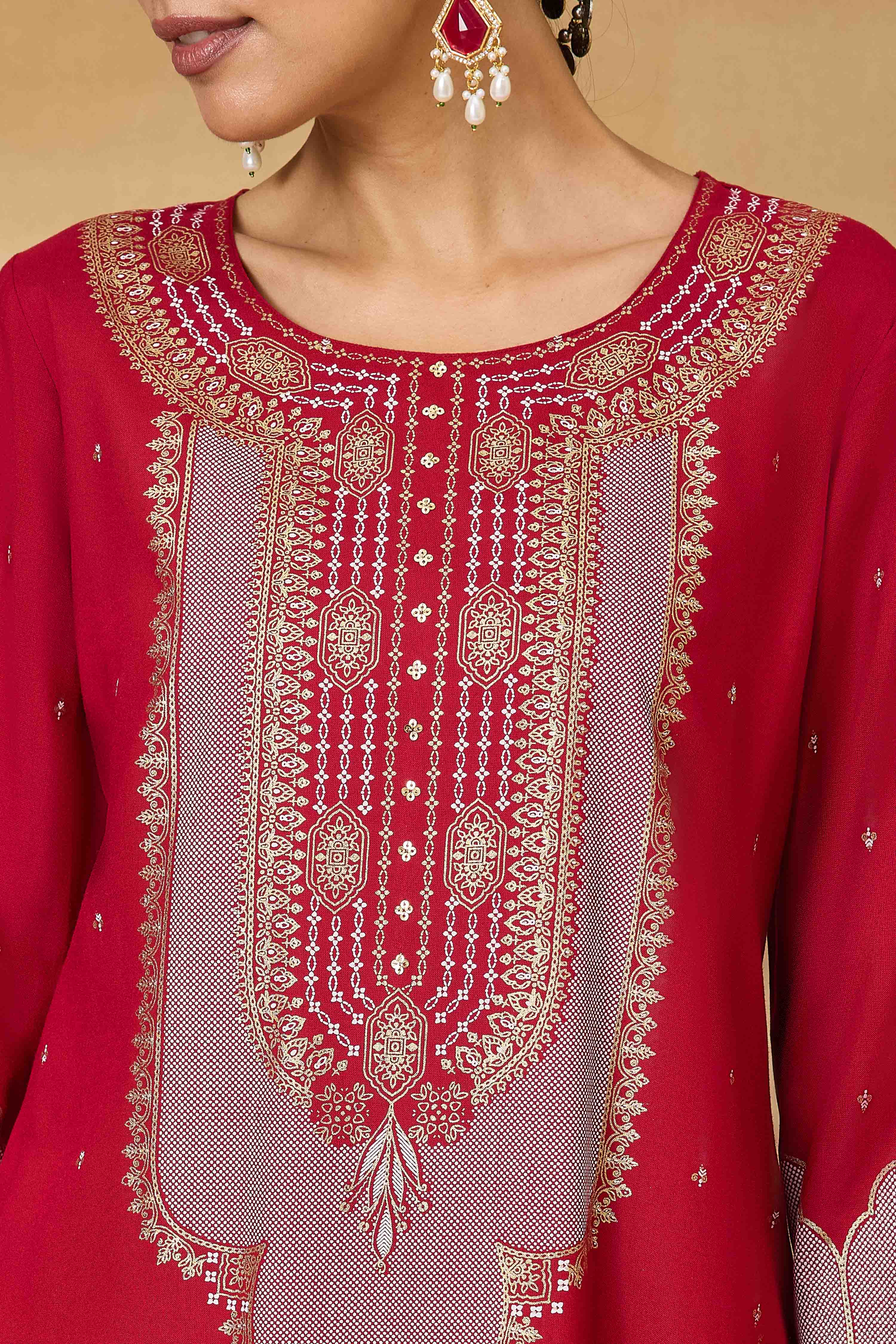 Red Viscose Rayon Straight Printed Kurta Pants Set image number 1