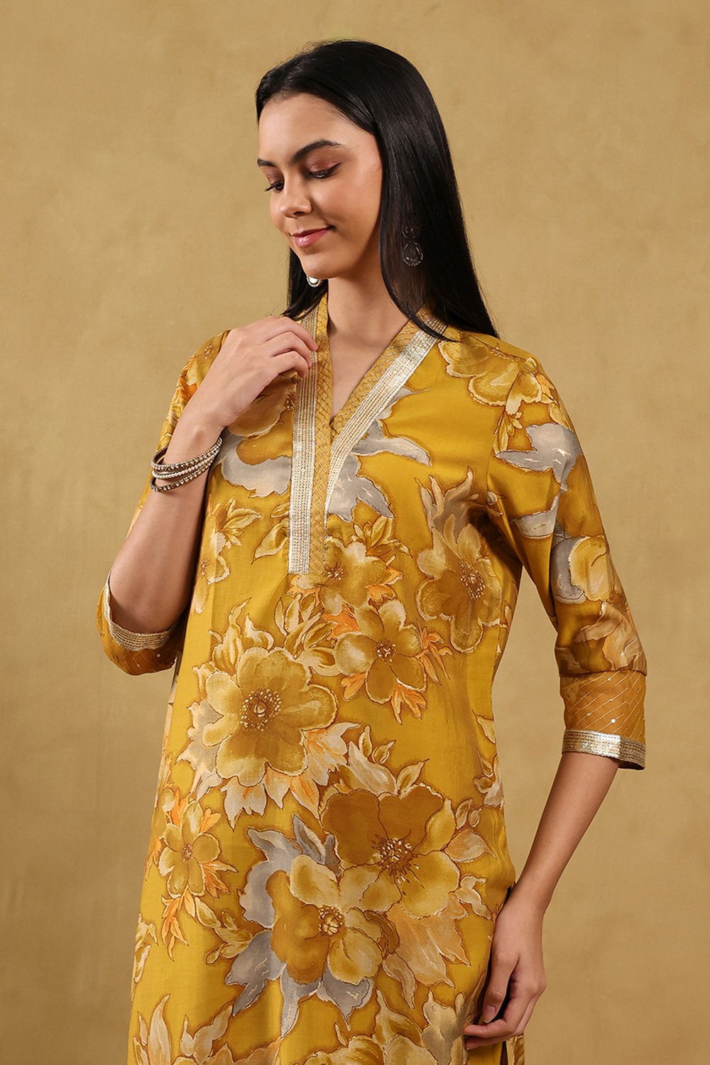 Mustard Viscose Blend Printed Straight Suit Set image number 1
