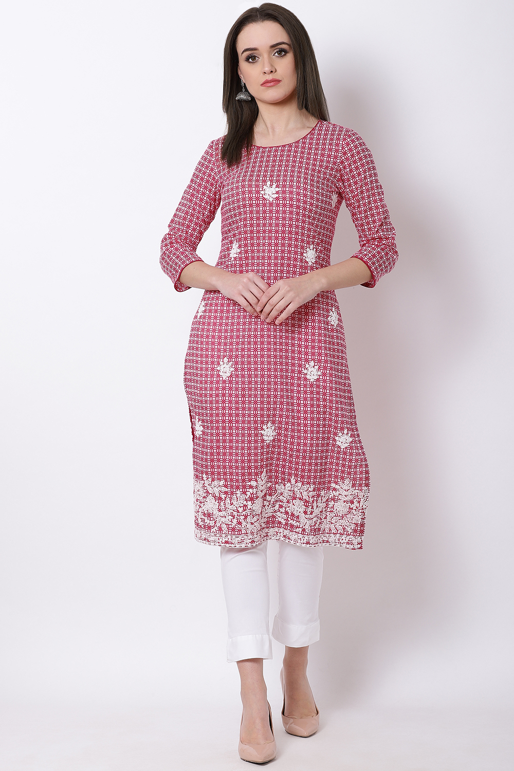 Pink Cotton Straight Kurta image number 6
