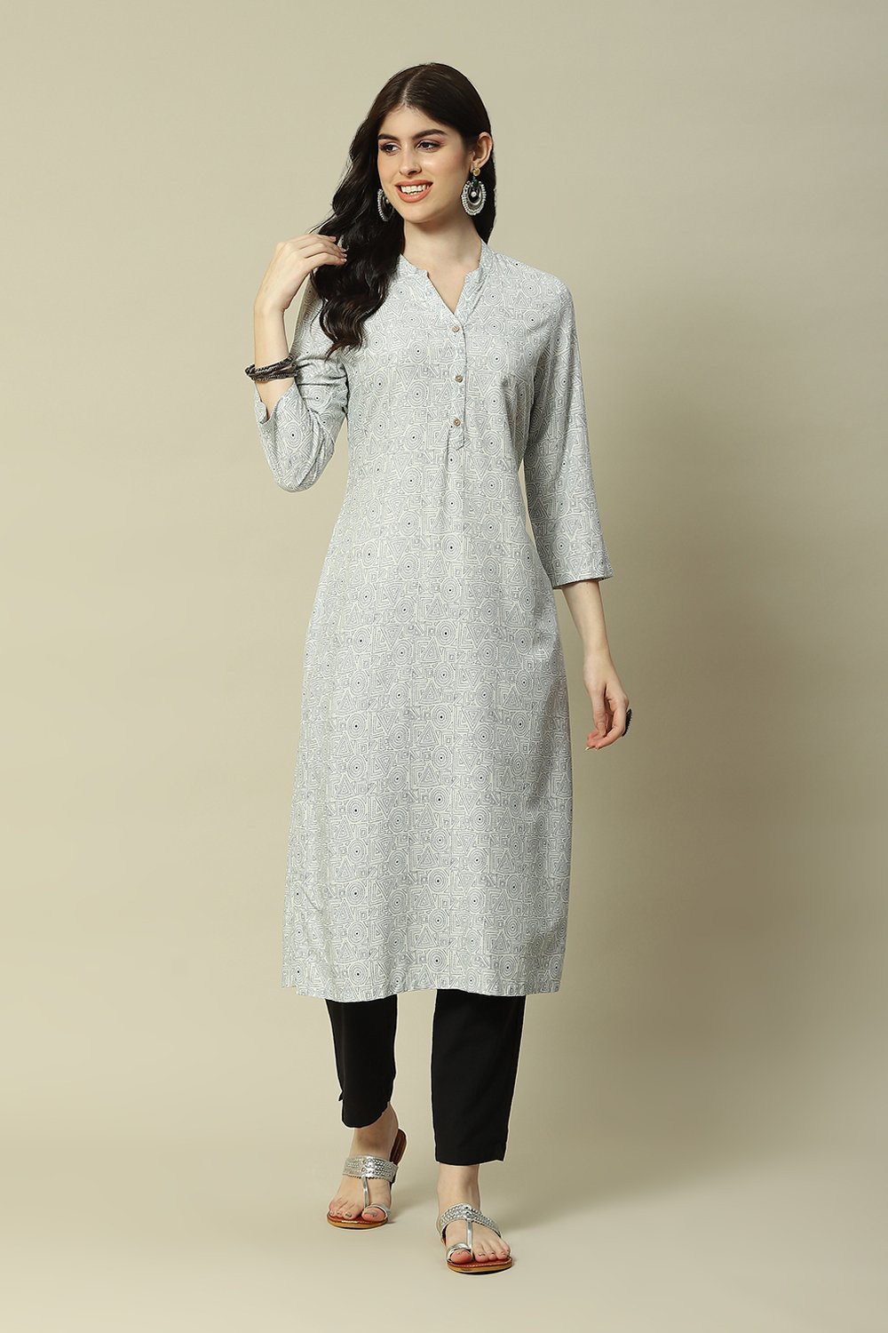 Sky Blue LIVA Straight Printed Kurta image number 0