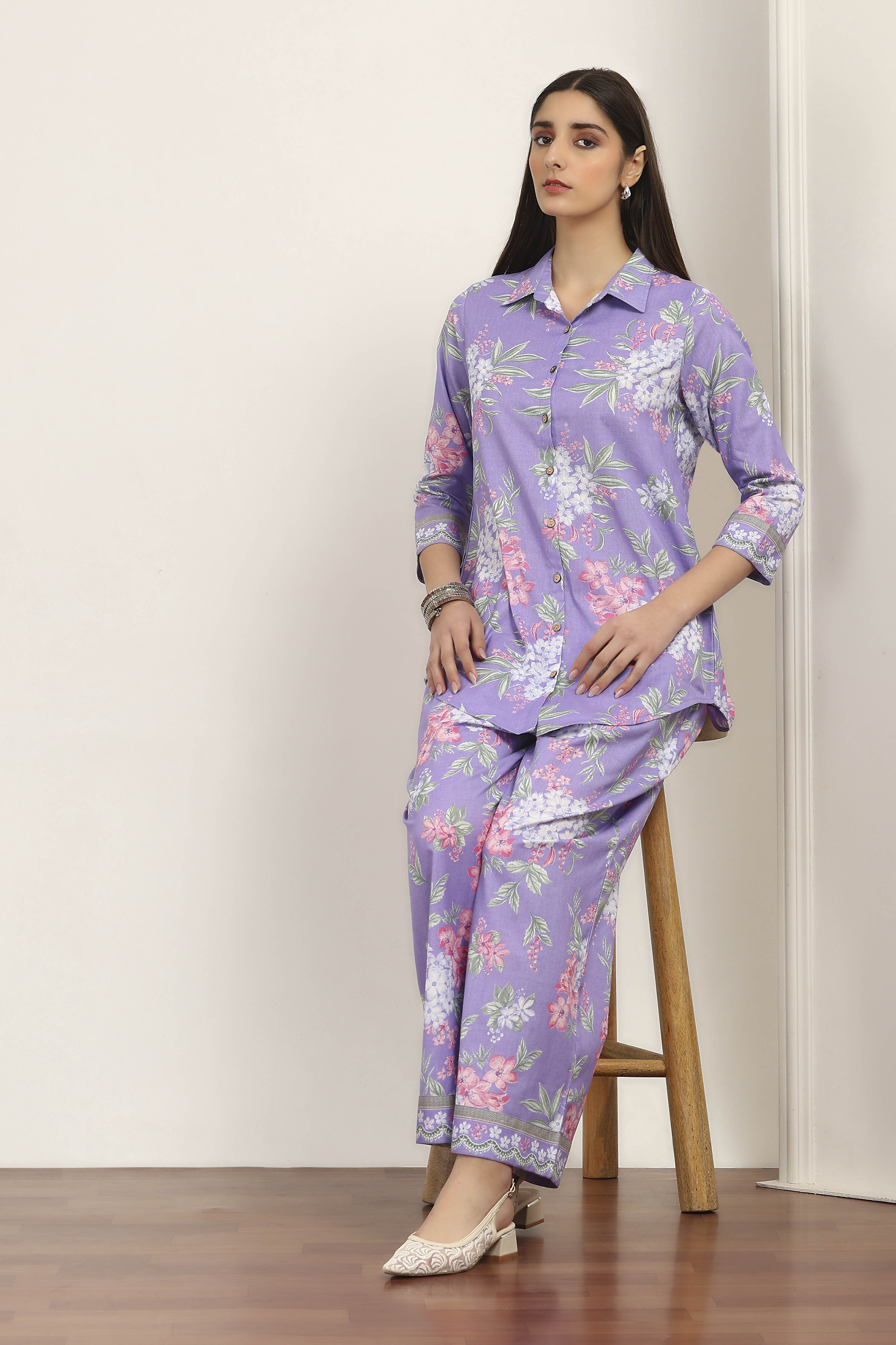 Purple Cotton Blend Cotton Flex Kurta Pants Set image number 0
