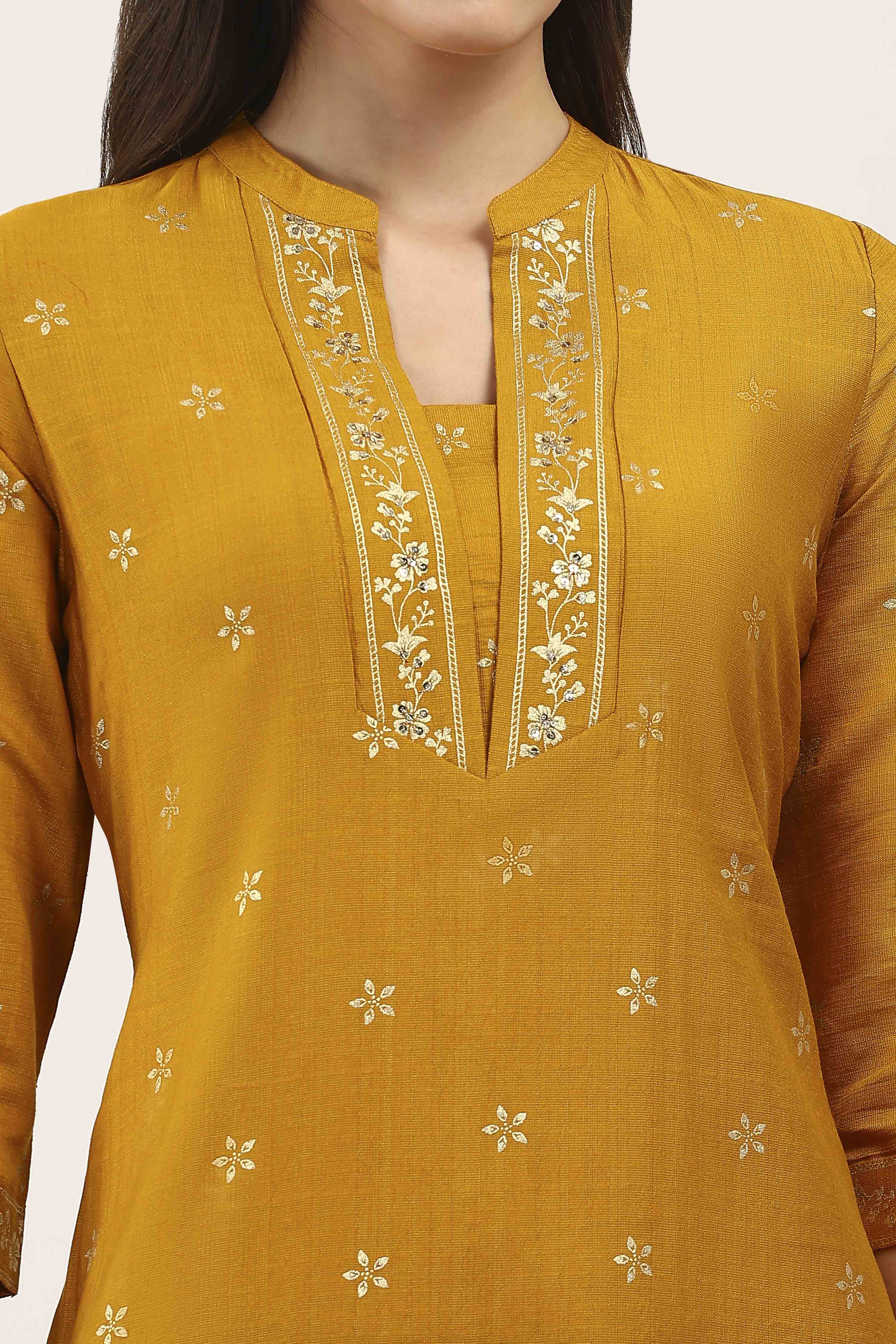 Yellow Viscose Polyester Kurta Pants Set image number 1
