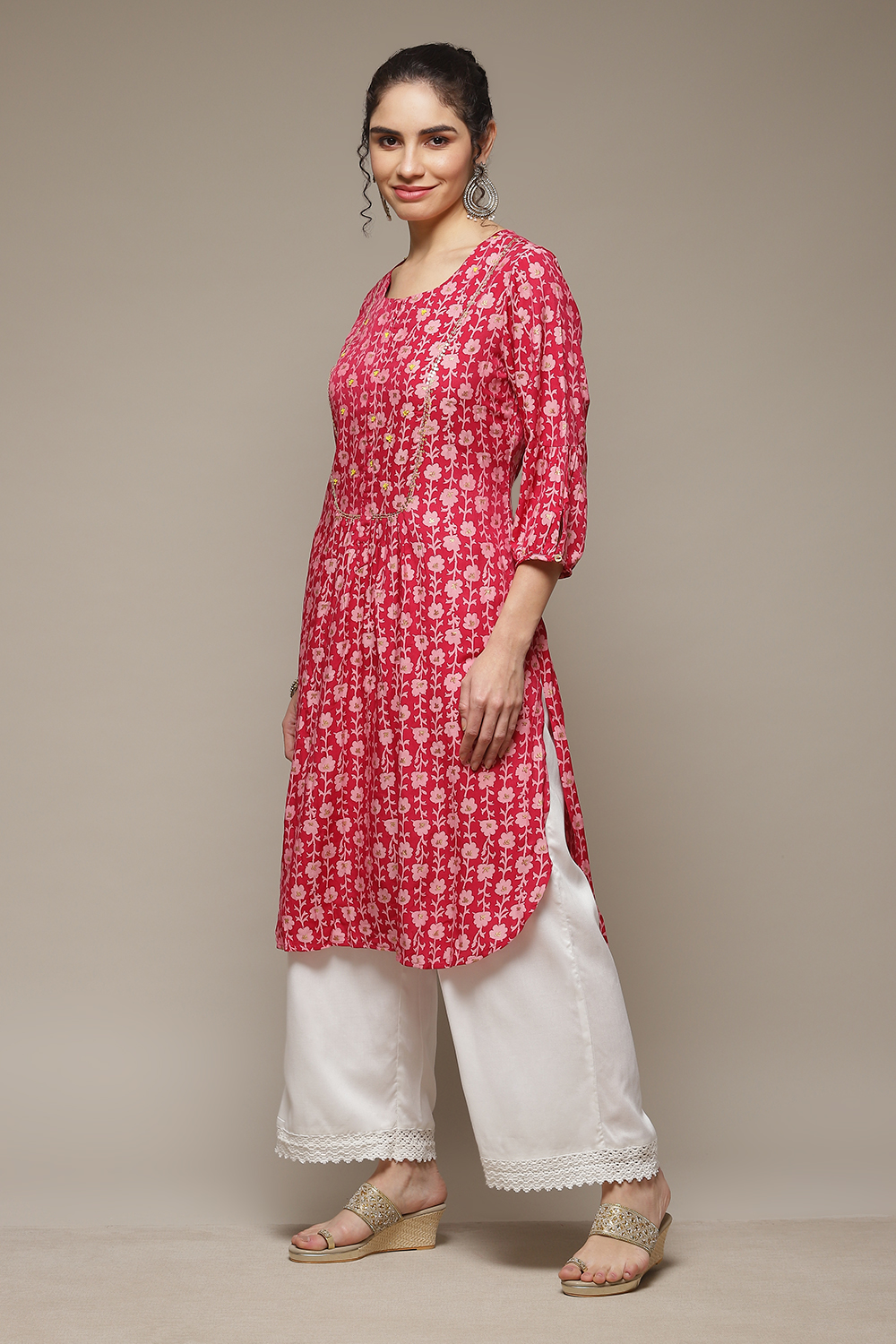 Red Art Silk Crinkled Kurta image number 3