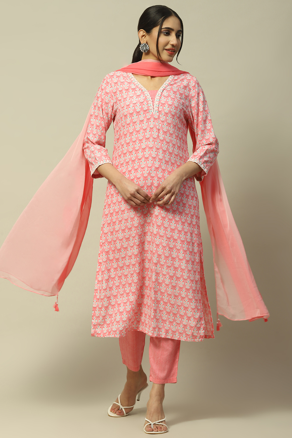 Green Printed Straight Kurta & Pants Suit Set image number 0
