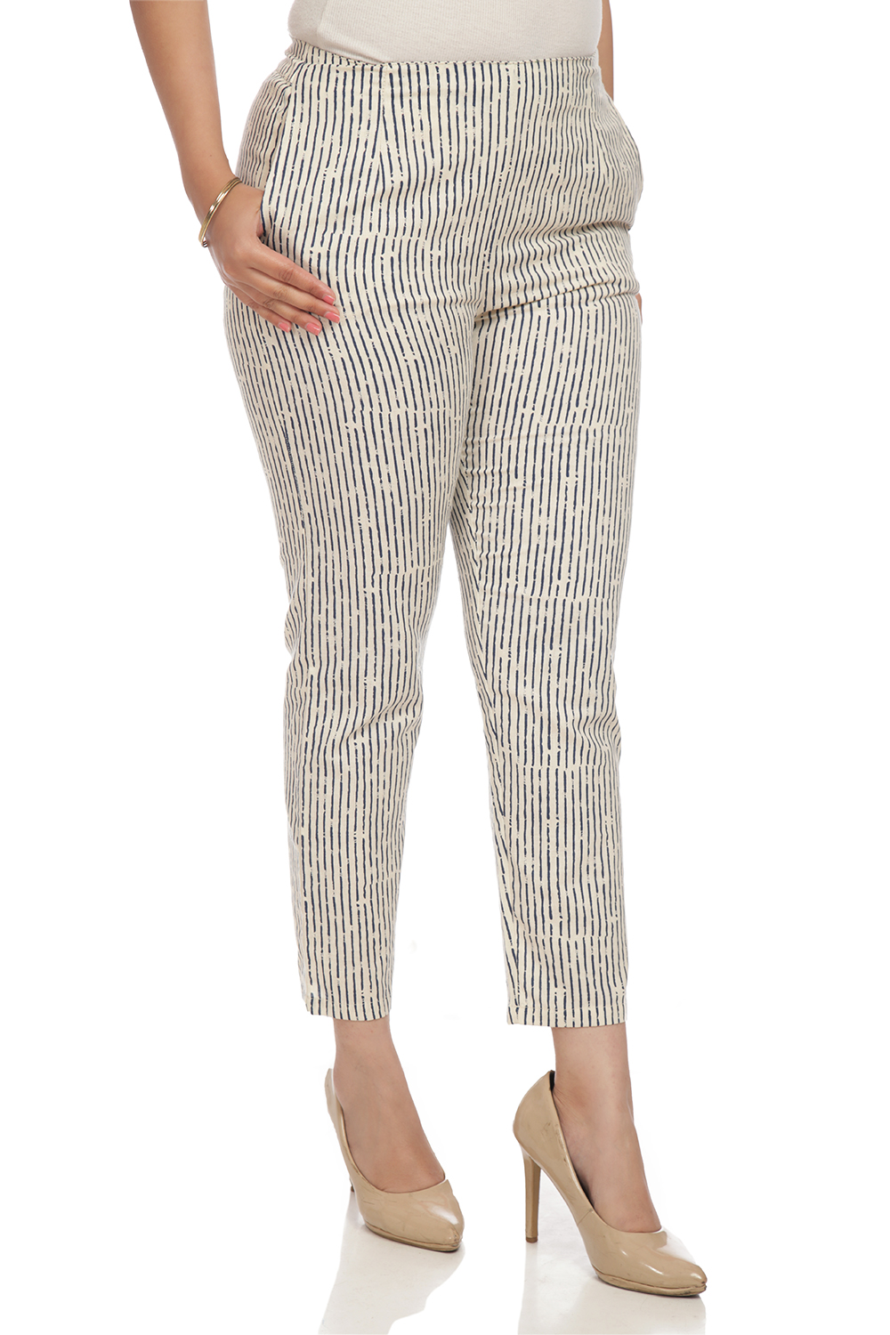 Ecru Cotton Slim Pants image number 1