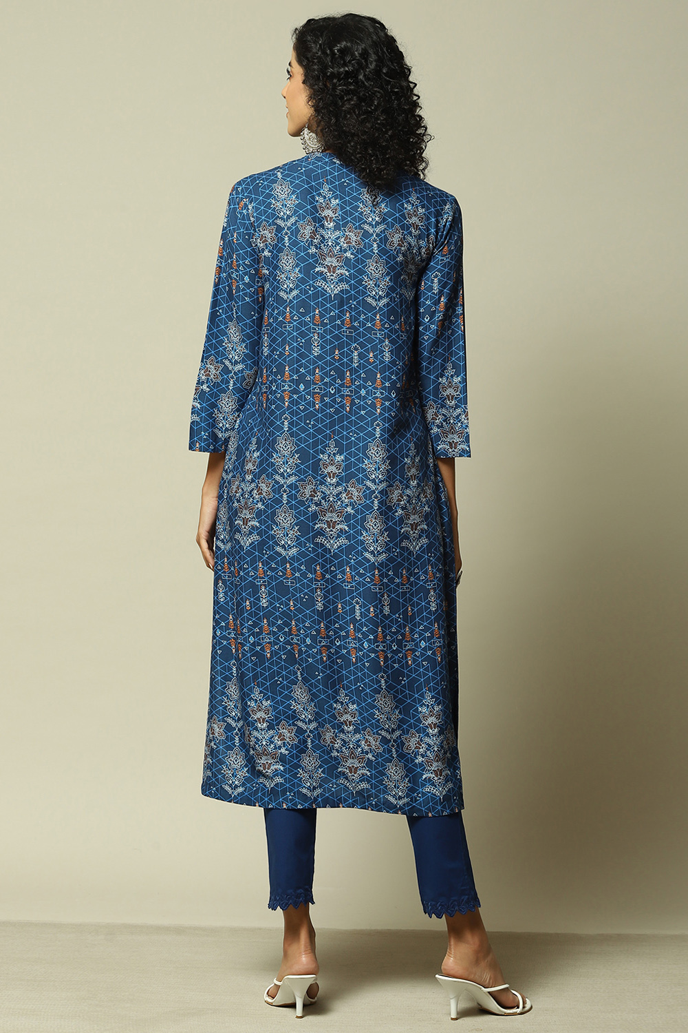 Indigo LIVA Straight Printed Kurta image number 3