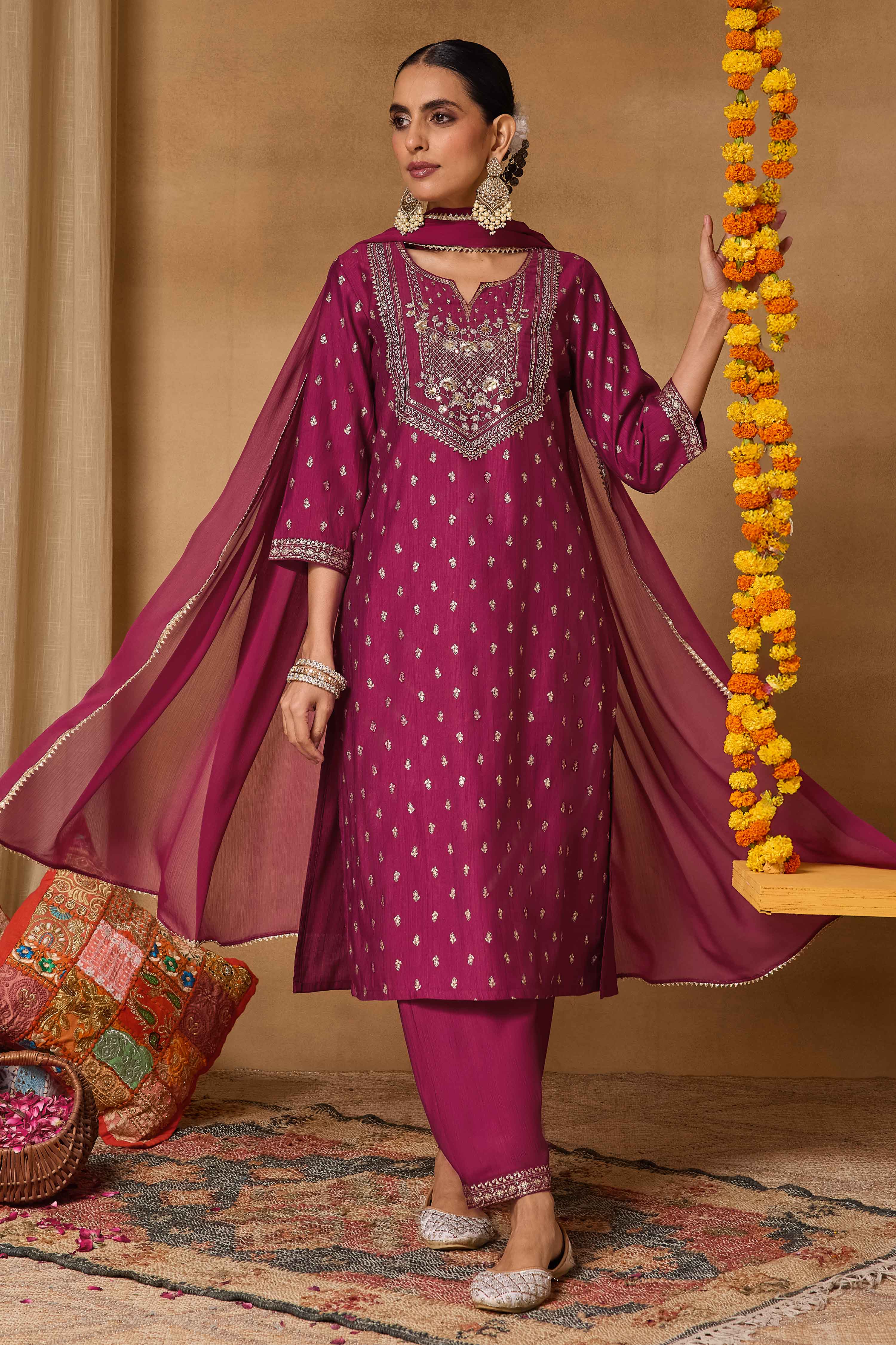 Maroon Viscose Blend Straight Printed Suit Set image number 0