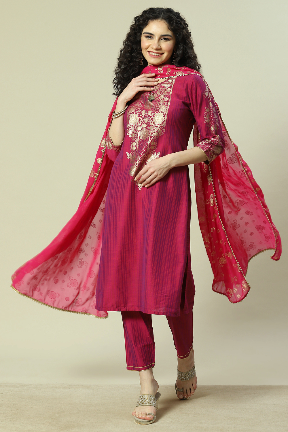 Magenta Cotton Blend Woven Straight Kurta Suit Set image number 0
