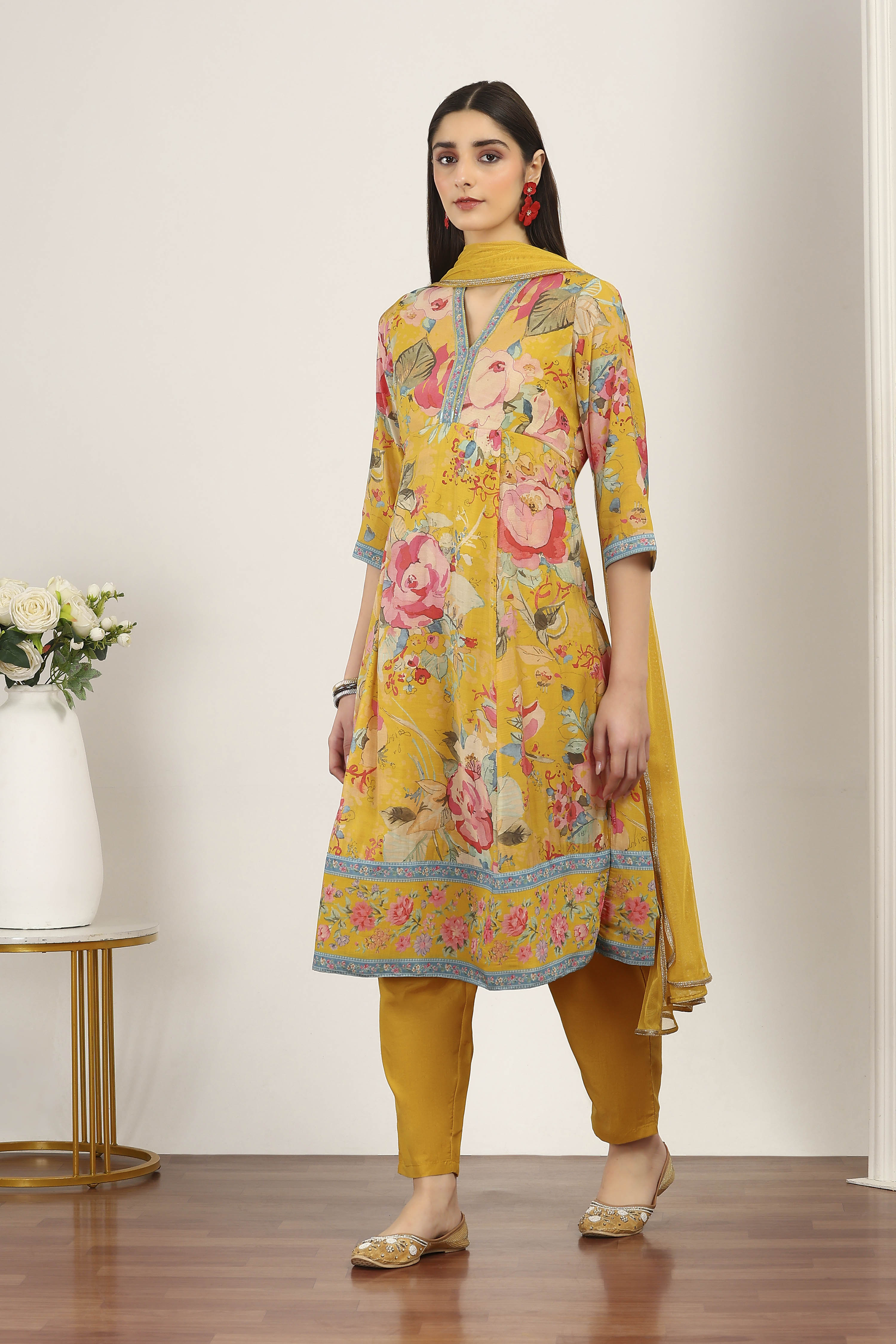 Yellow Viscose Polyester Kalidar Suit Sets image number 3