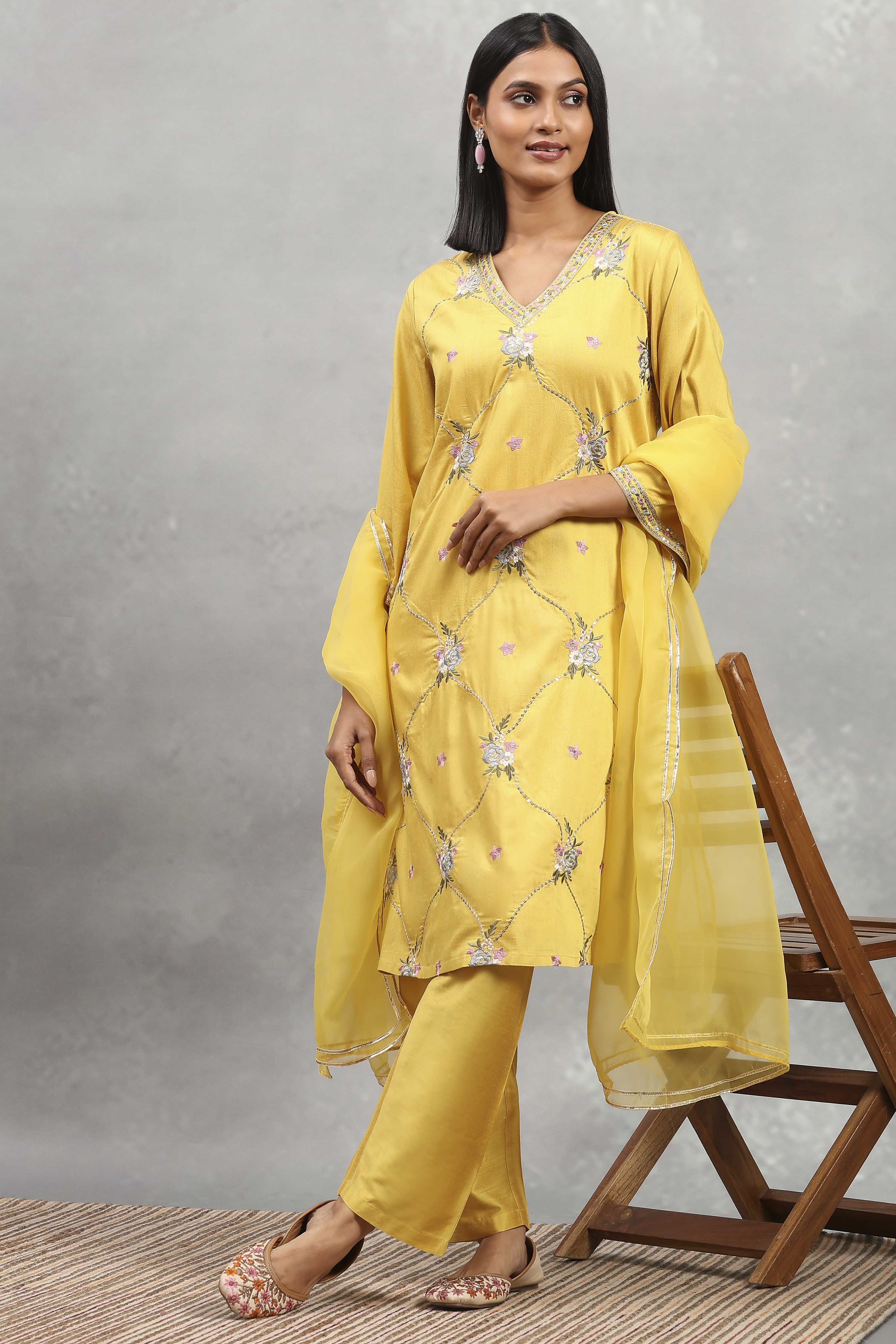 Yellow Viscose Blend Embroidered Straight Suit Set image number 0