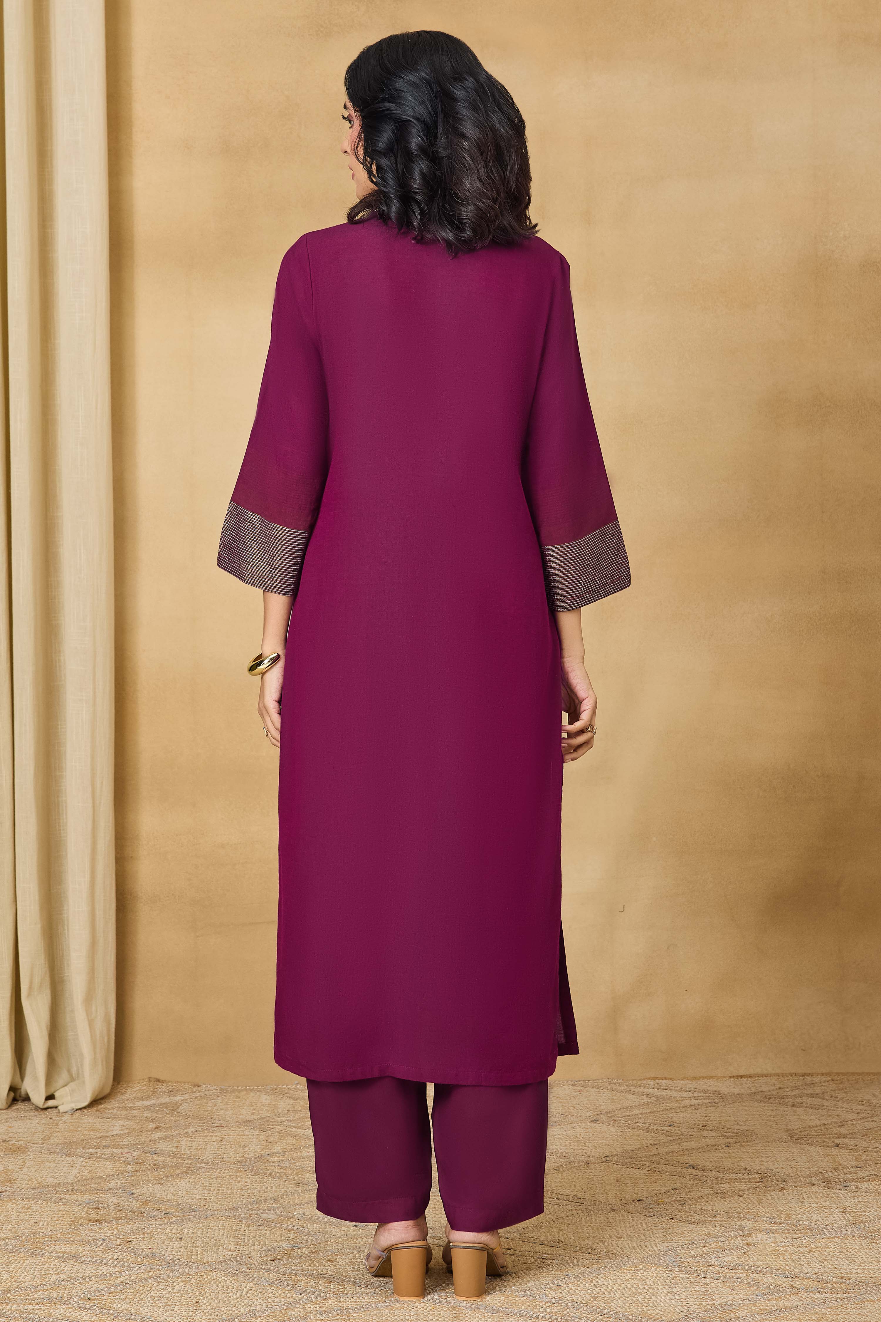 Purple Cotton Straight Yarndyed Kurta Pants Set image number 5
