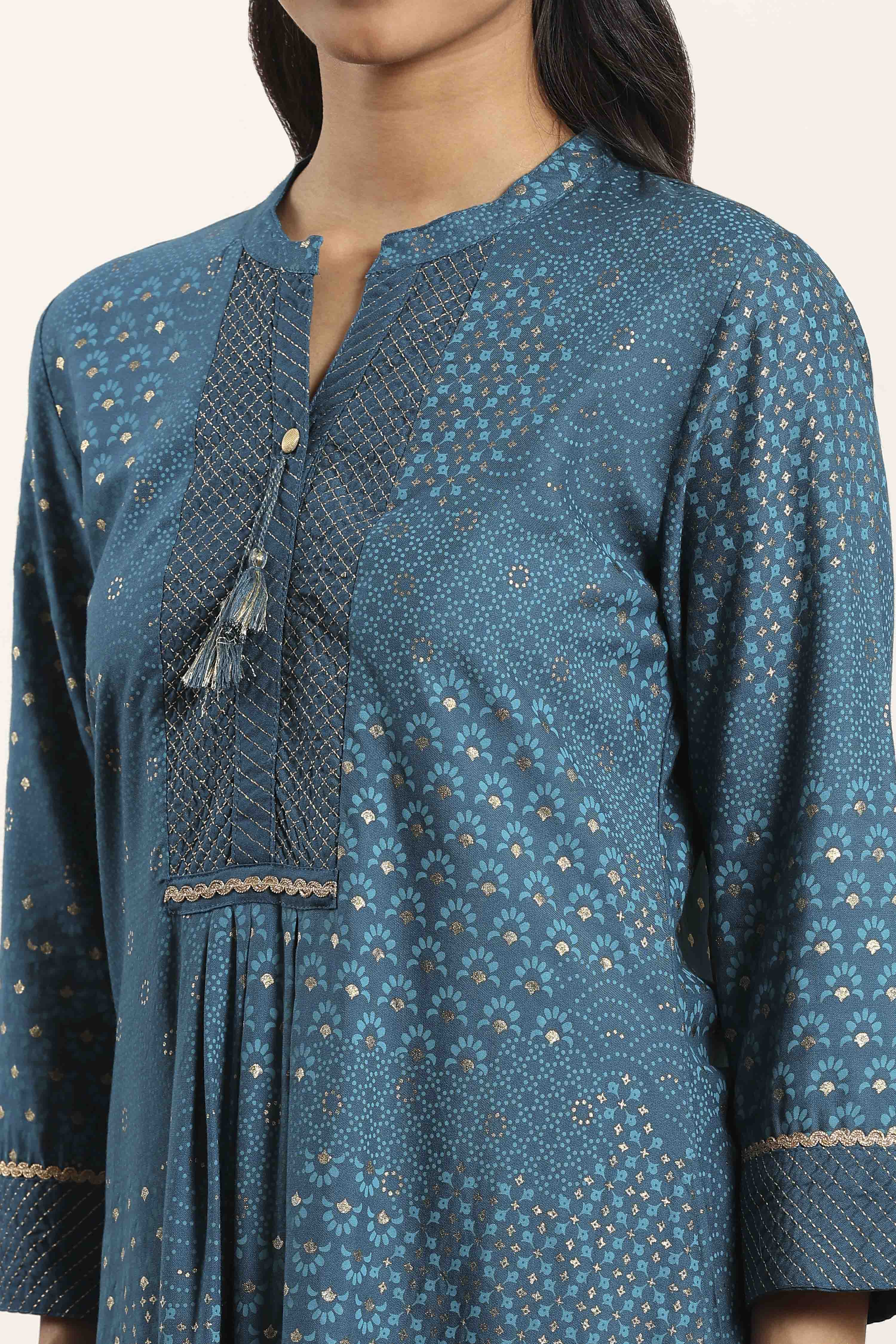 Teal Blue Viscose Rayon Straight Kurta Pants Set image number 1
