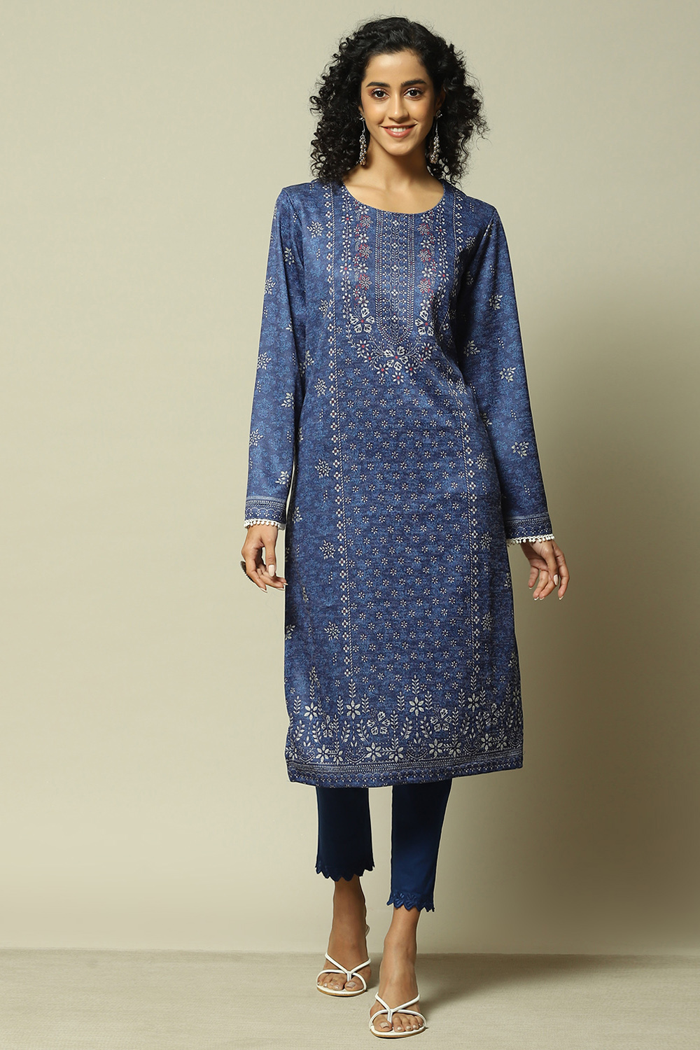 Blue Acrylic Straight Printed Kurta image number 5