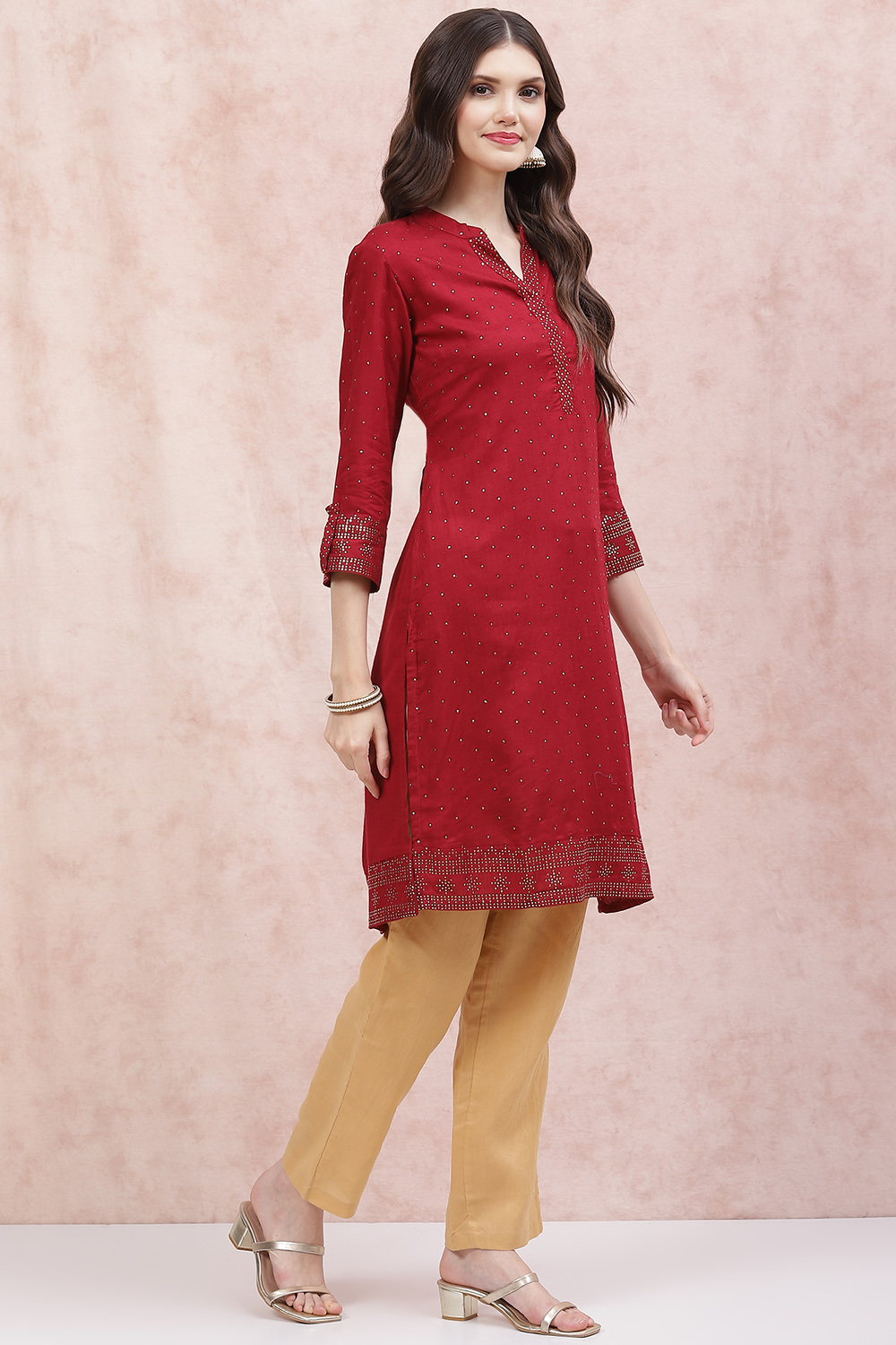 Maroon LIVA Straight Kurta image number 3