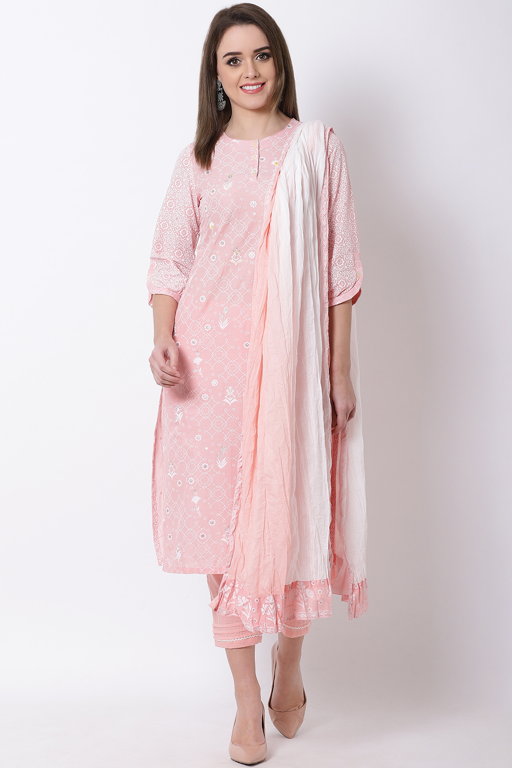 Peach and White Cotton Dupatta image number 0