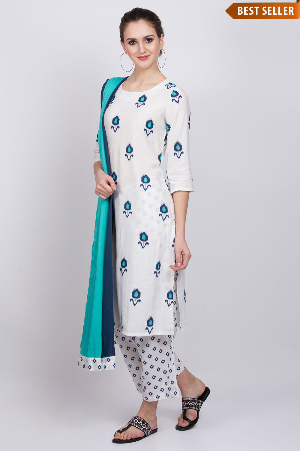 Off White Viscose Straight Suit Set image number 0