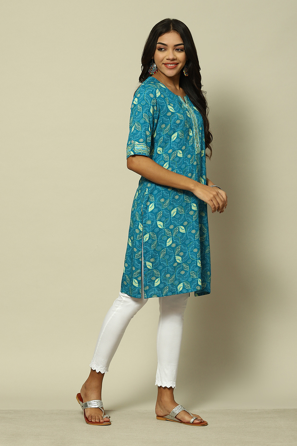 Teal Blue Viscose Straight Printed Kurta image number 3