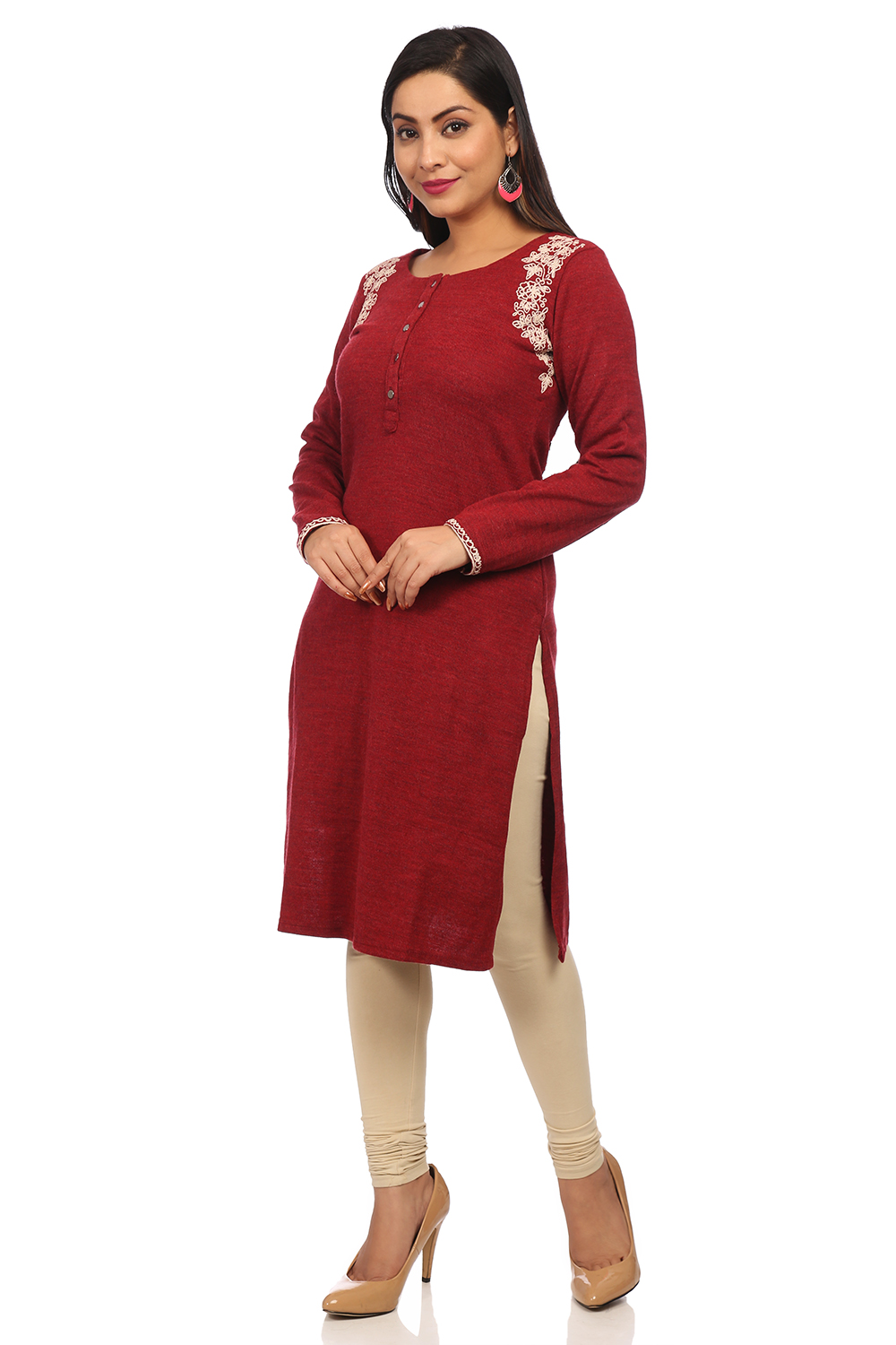 Red Acrylic Straight Kurta image number 3