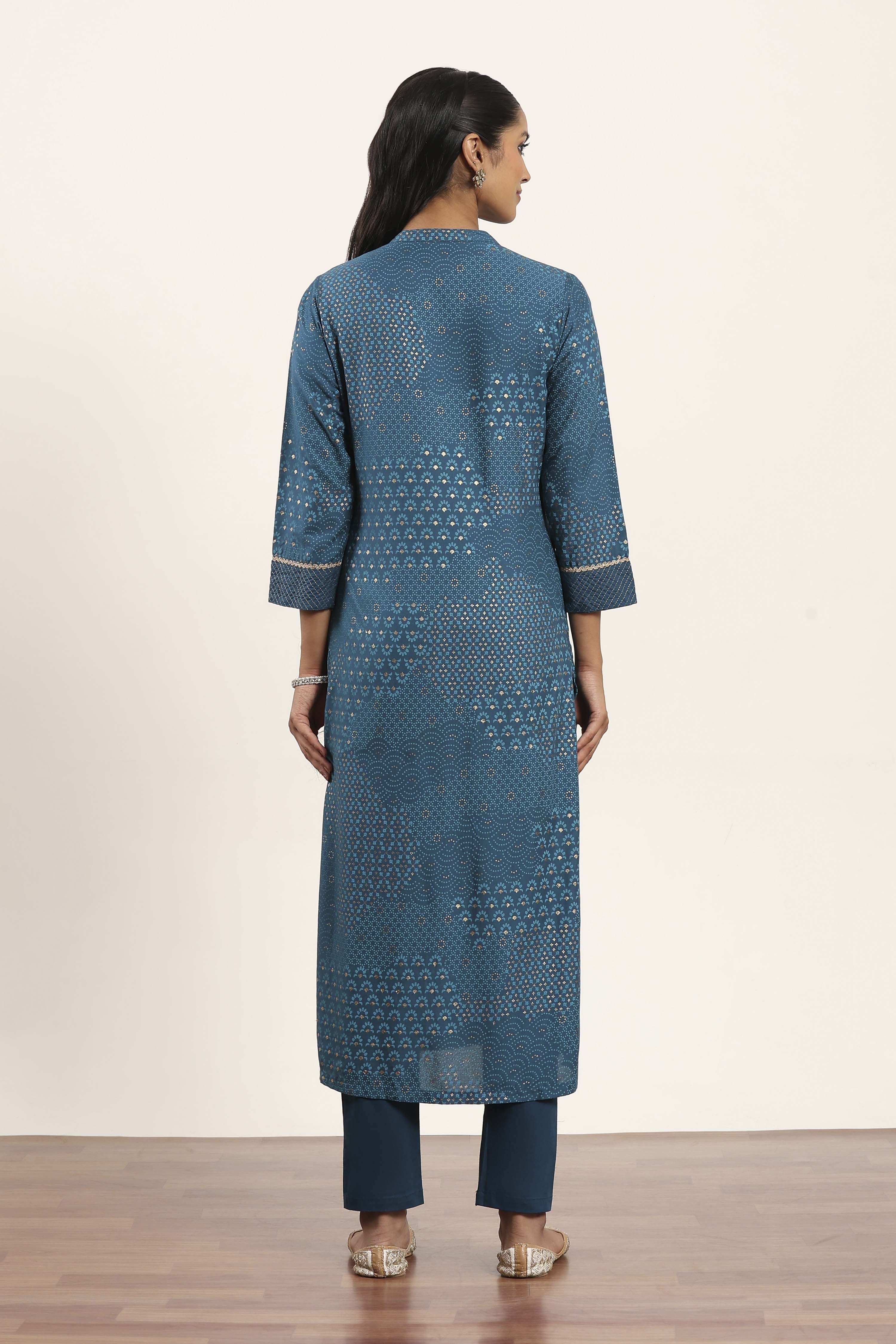 Teal Blue Viscose Rayon Straight Kurta Pants Set image number 4