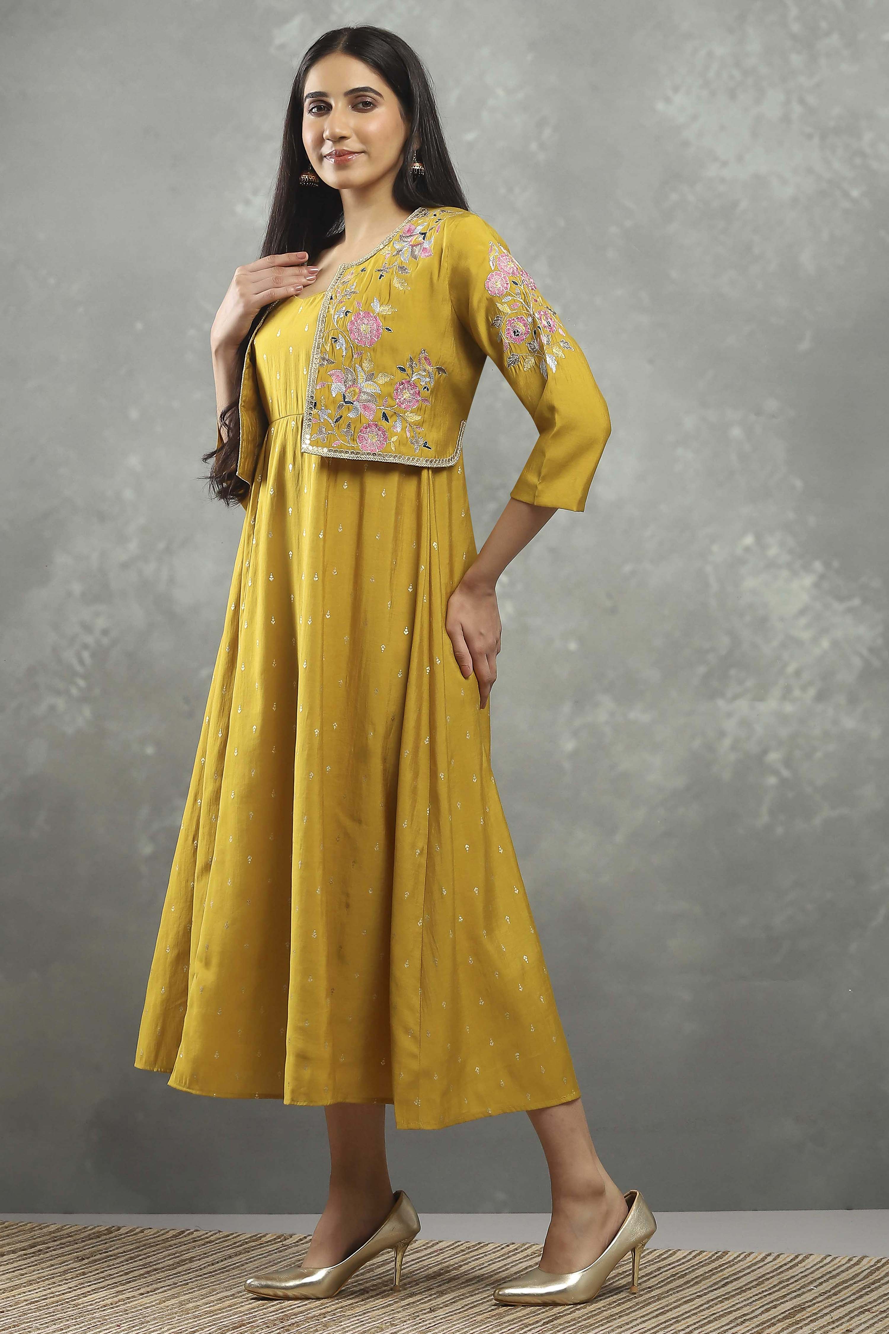 Mustard Viscose Blend Printed Kalidar Dress image number 2
