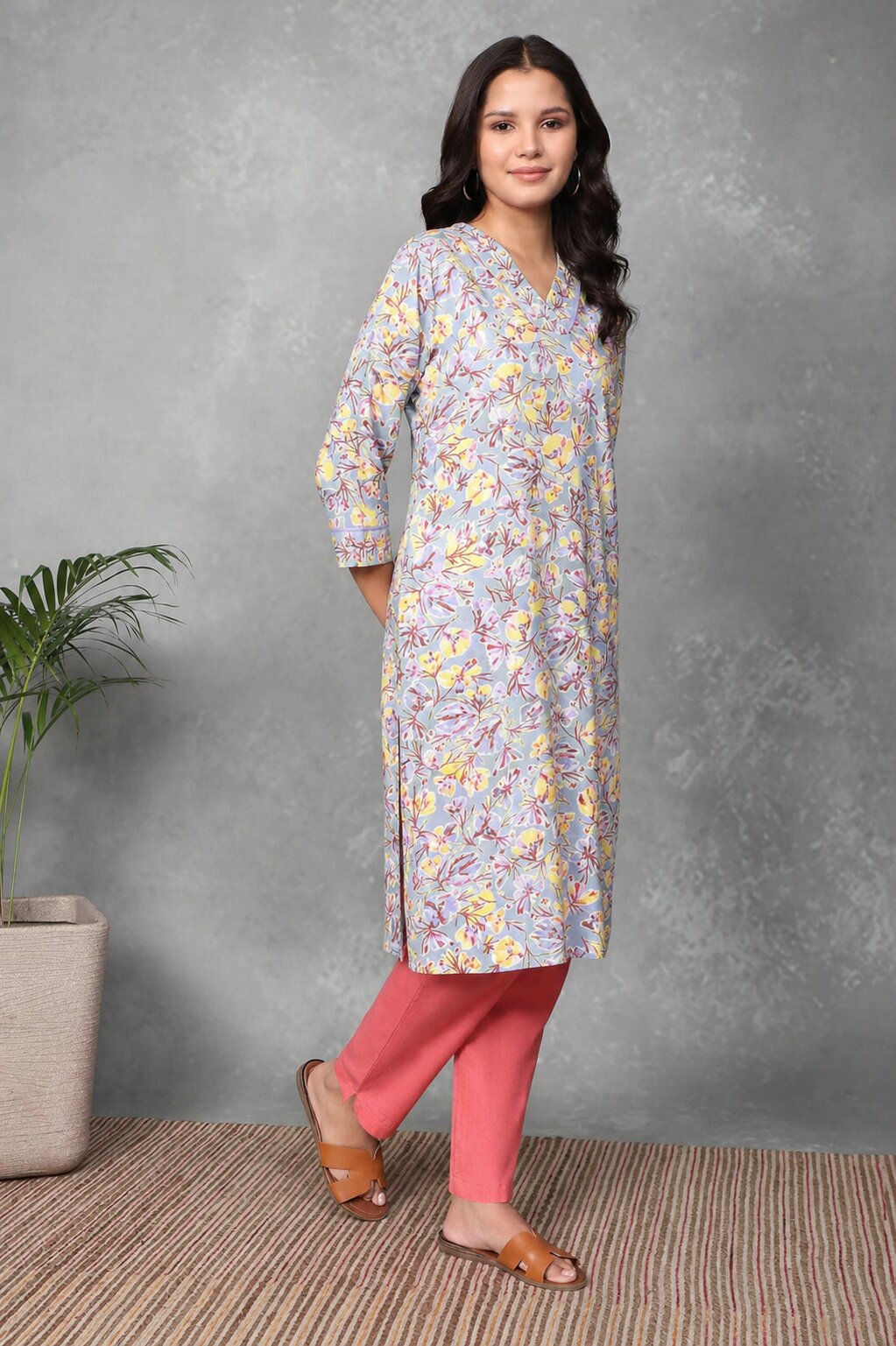 Lavender Printed Straight Kurta image number 4