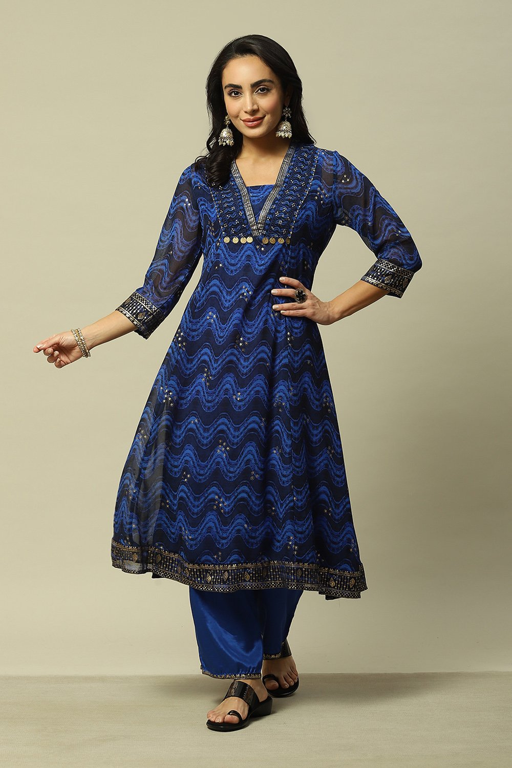 Coblt Blue LIVA Anarkali Printed Kurta Palazzo Suit Set image number 0