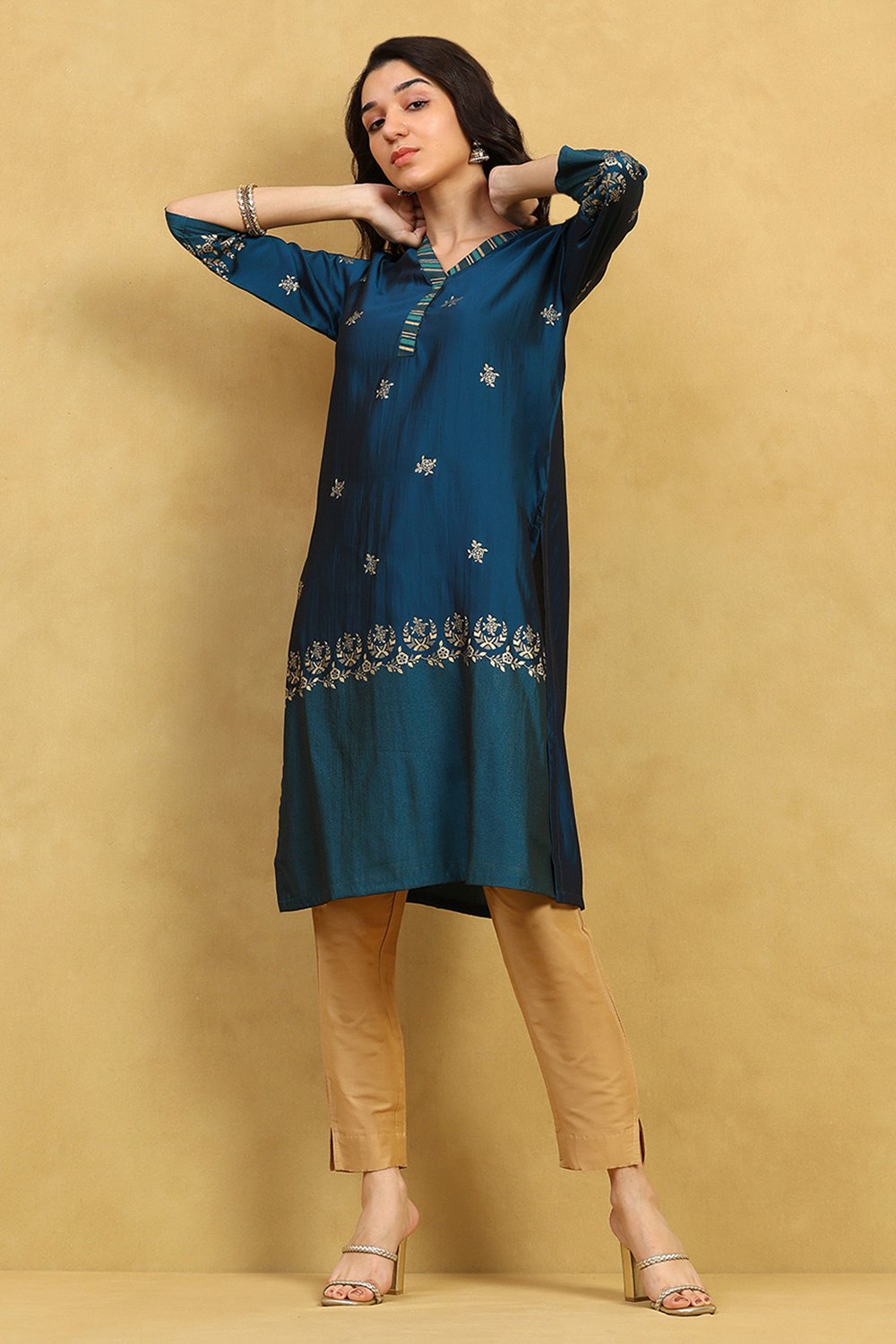 Blue Art Silk Printed Straight Kurta image number 0