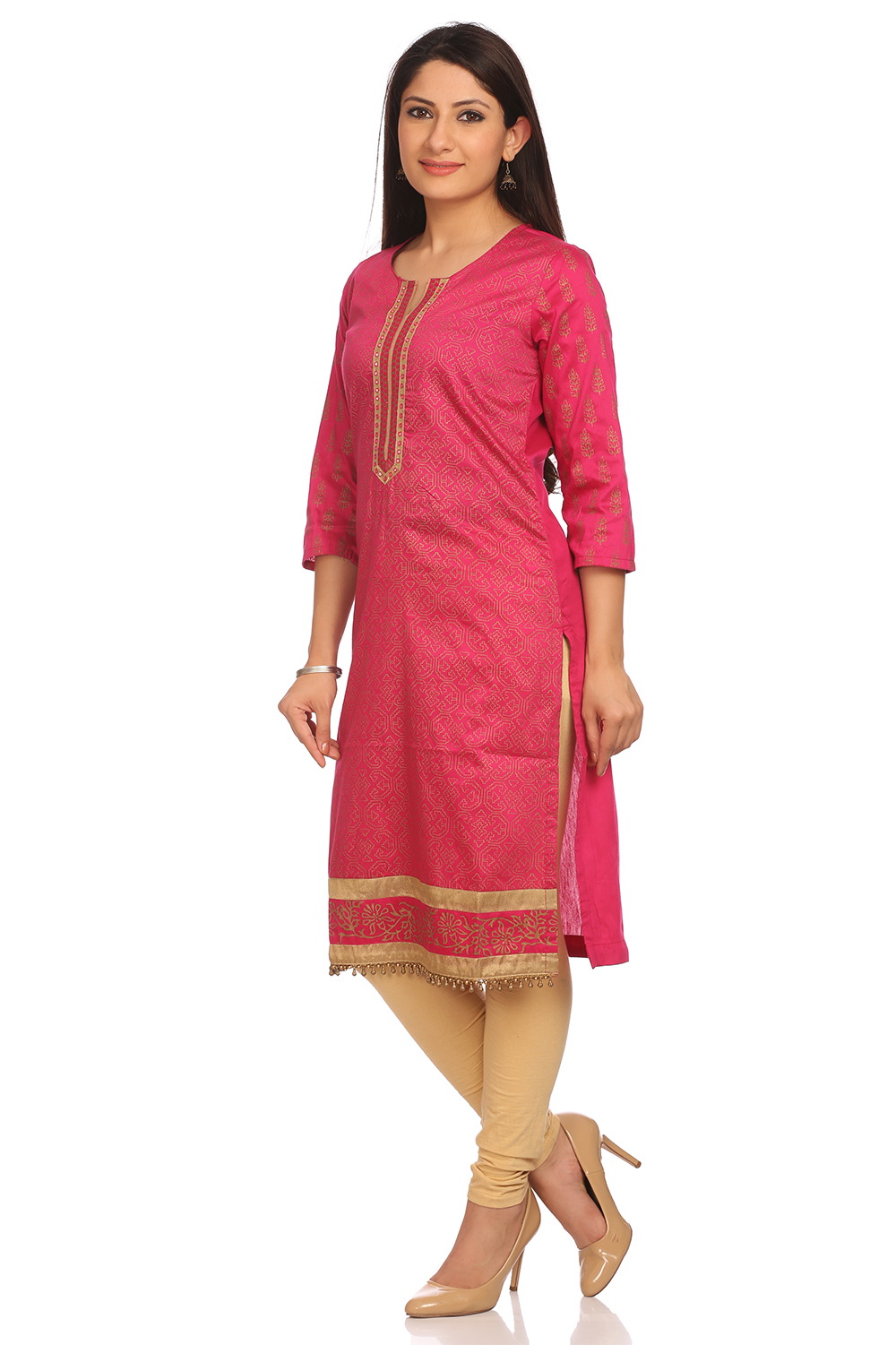Pink Cotton Straight Kurta image number 2