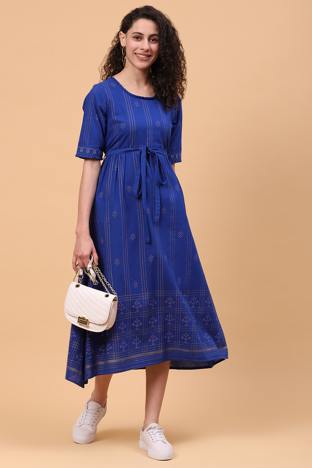 Royal Blue Cotton Flared Dress image number 5