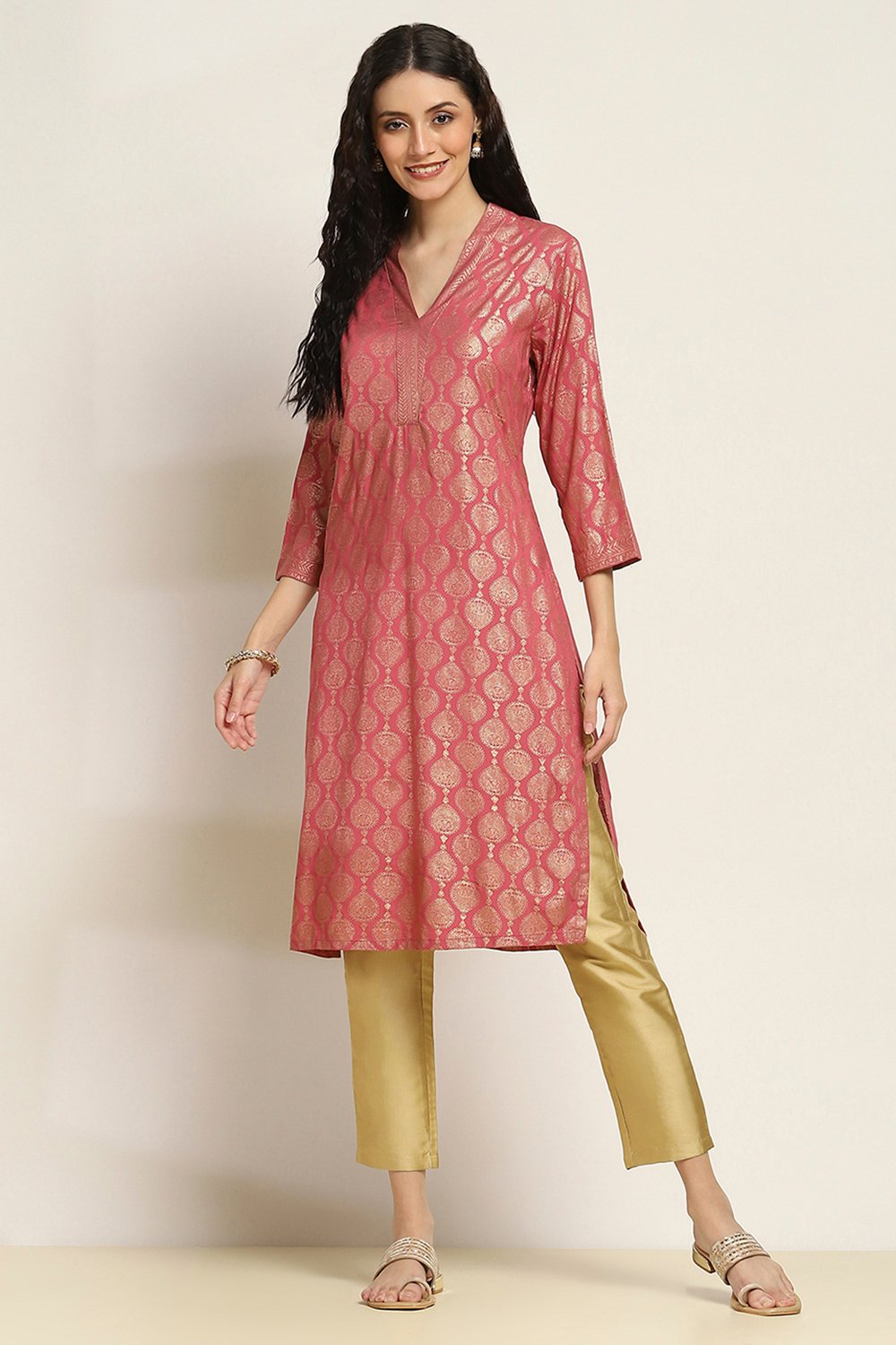 Pink Viscose Blend Printed Straight Kurta image number 0