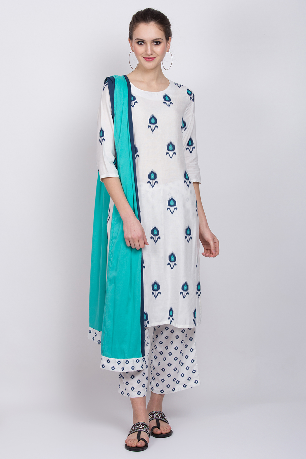 Off White Viscose Straight Suit Set image number 2