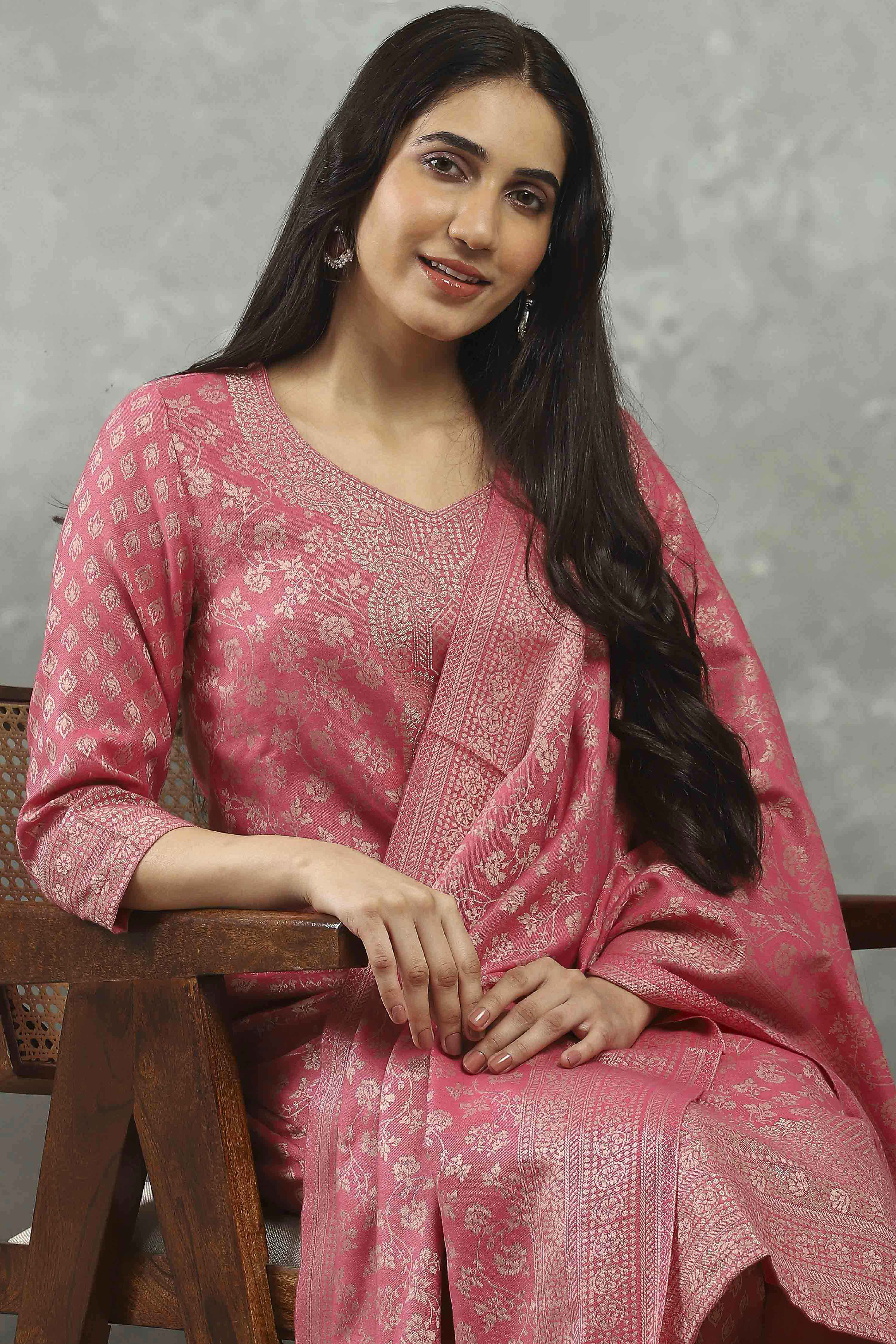 Coral Polyester Yarndyed Straight Suit Set image number 7