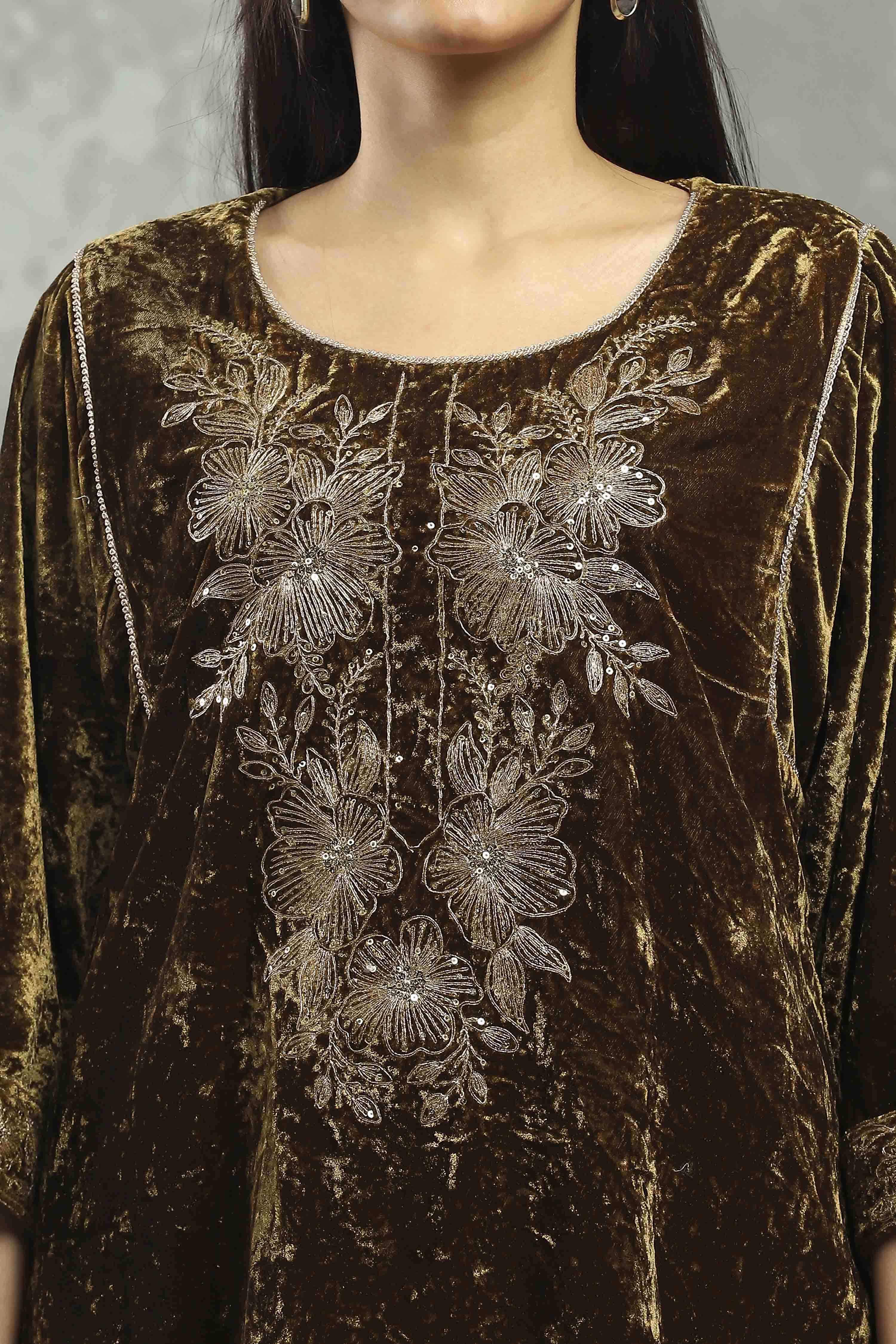 Olive Polyester Embroidered Straight Suit Set image number 1