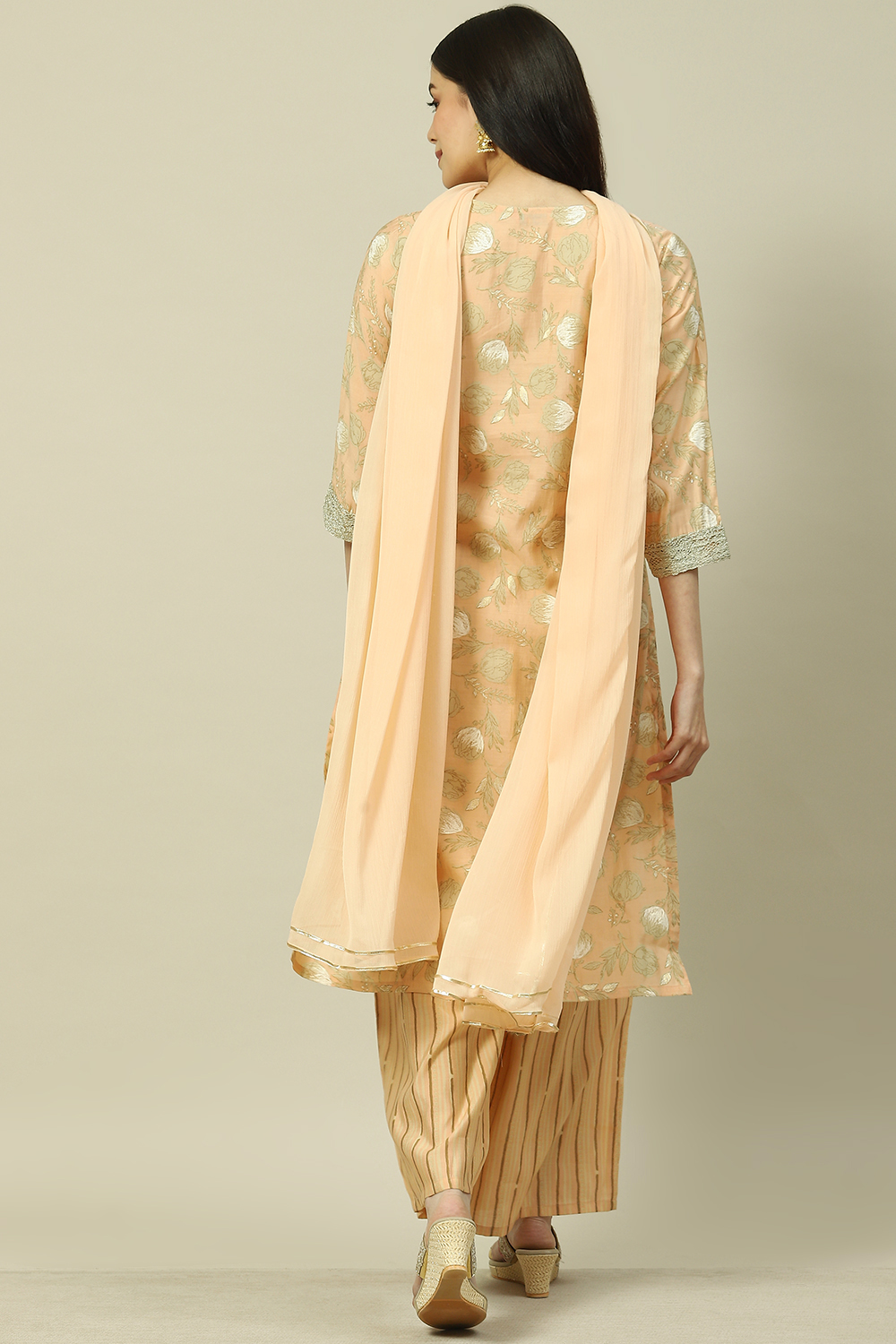 Peach Cotton Blend Woven Straight Kurta Suit Set image number 4