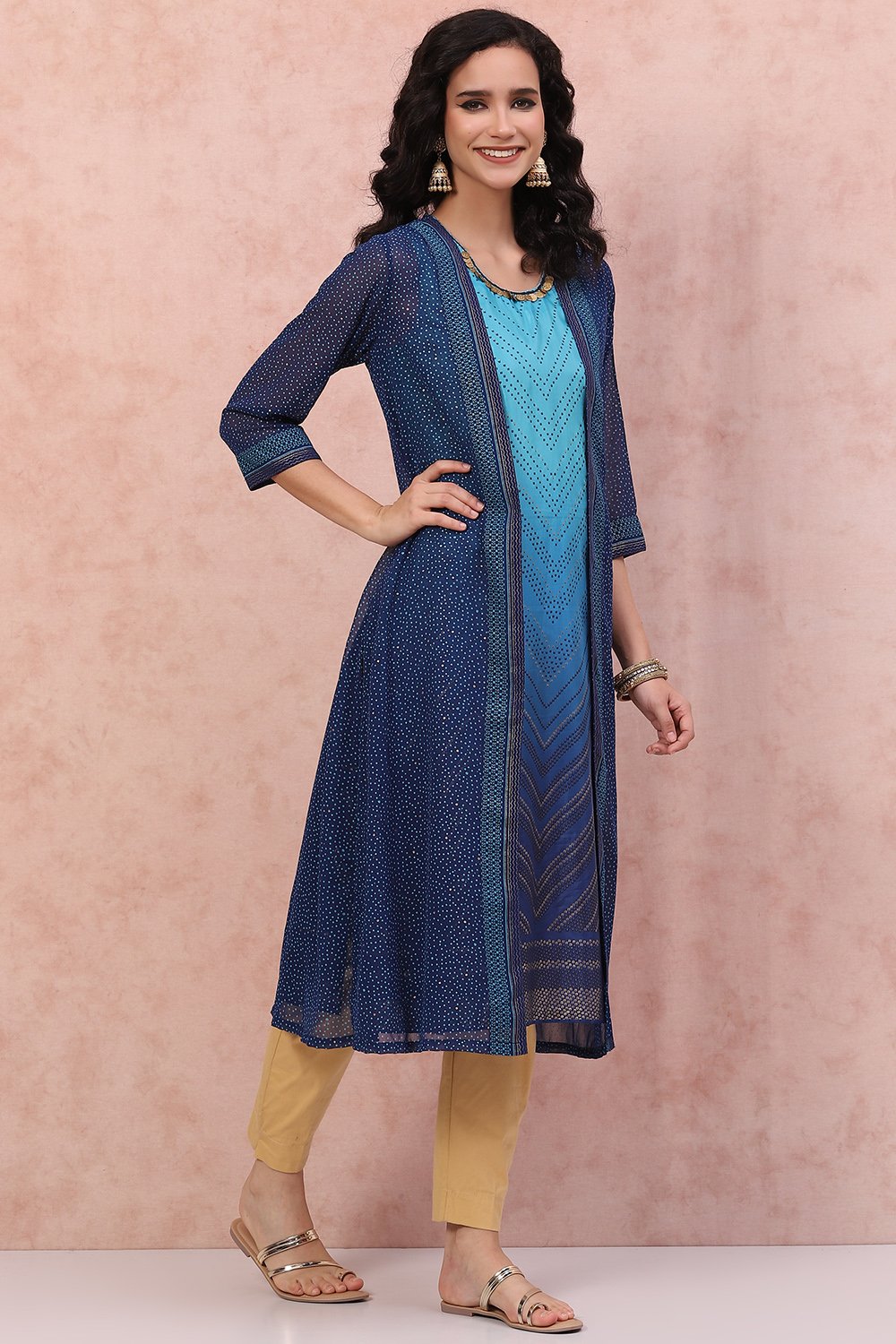 Turq Blue Art Silk Bandhani Kurta image number 3