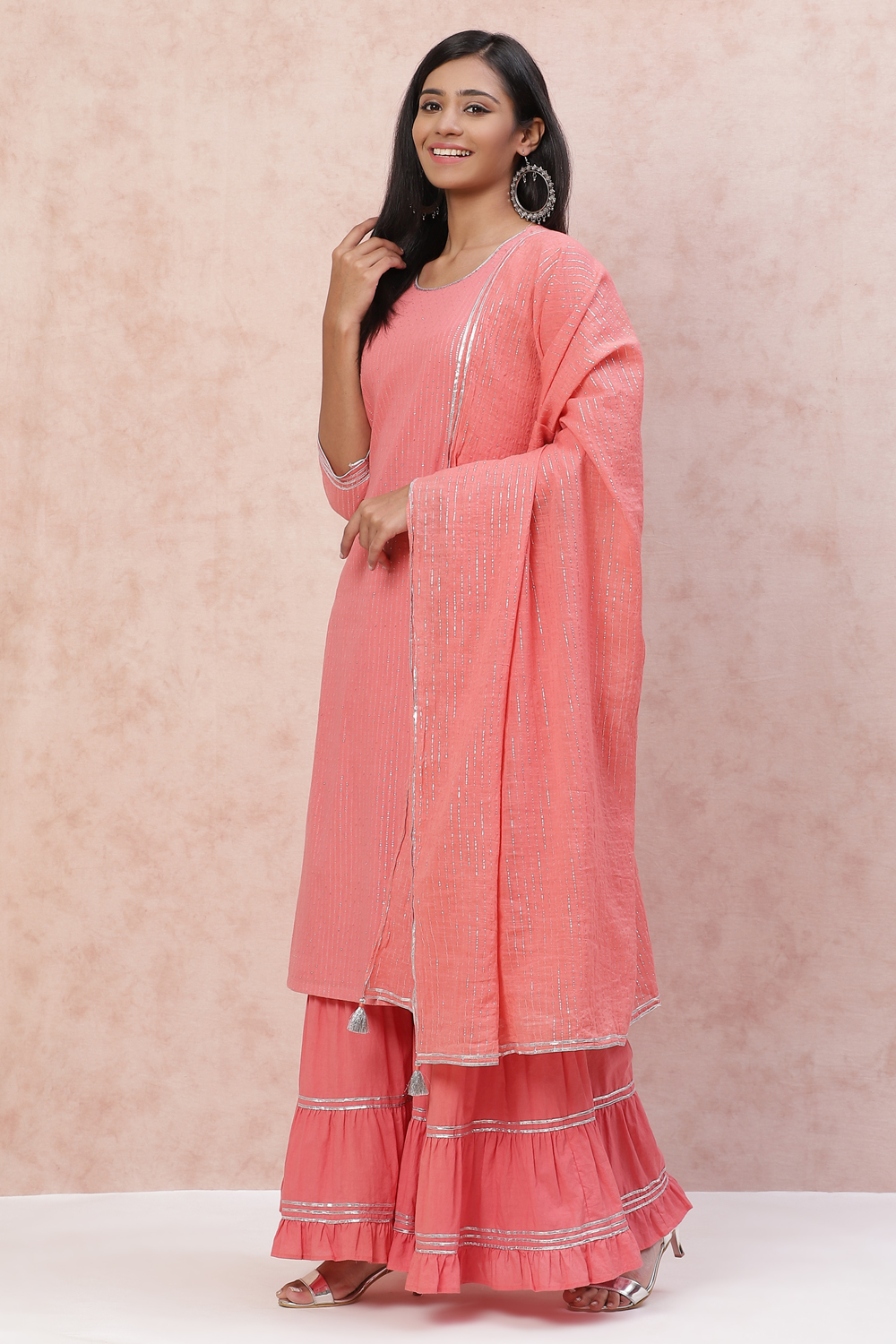 Peach Cotton Lurex Straight Suit Set image number 5