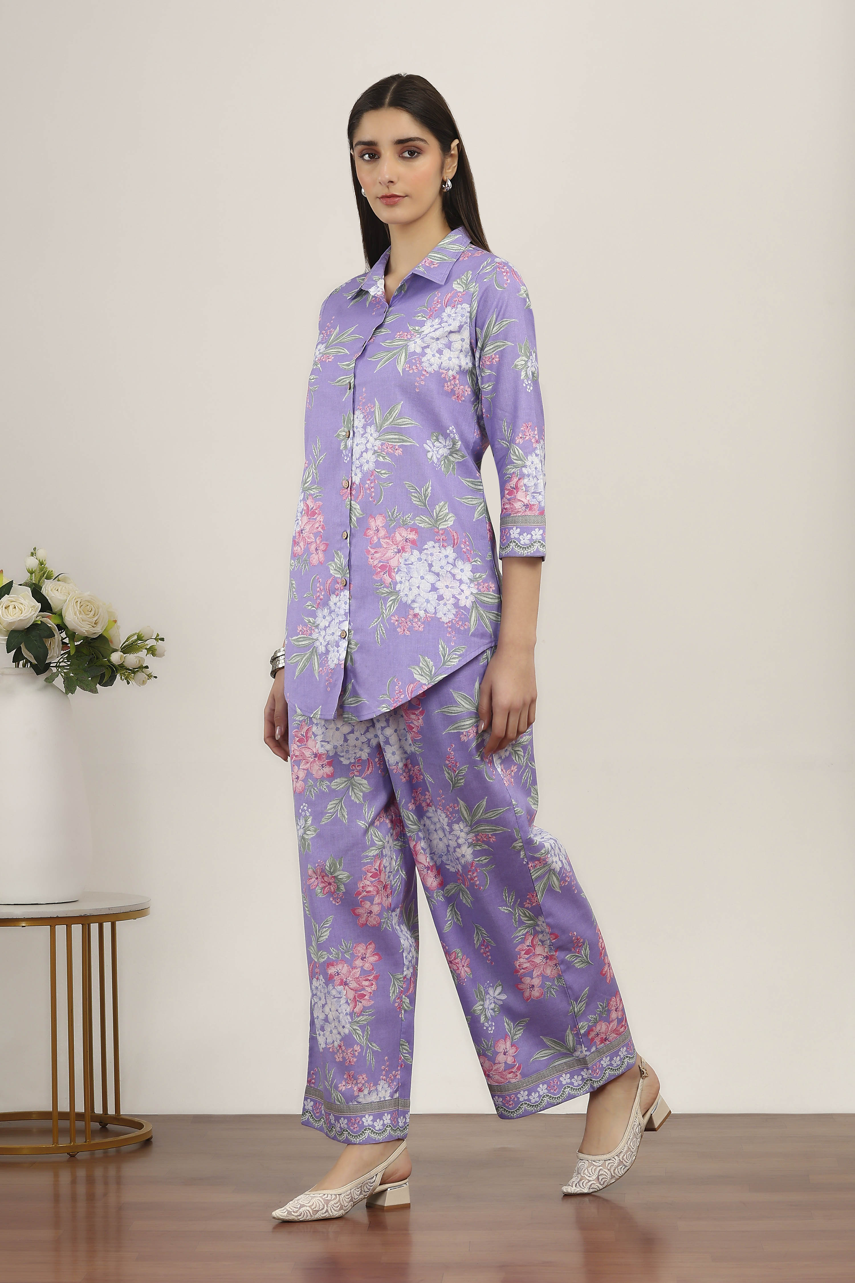 Purple Cotton Blend Cotton Flex Kurta Pants Set image number 3