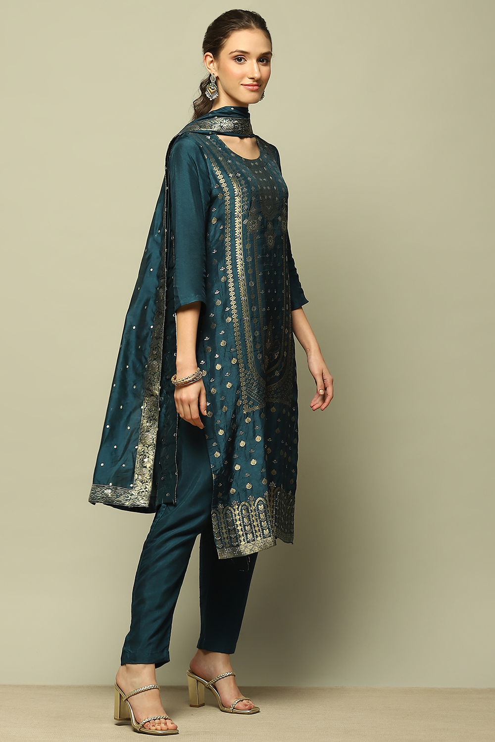 Blue Viscose Blend Straight Yarn Dyed Kurta Palazzo Suit Set image number 5