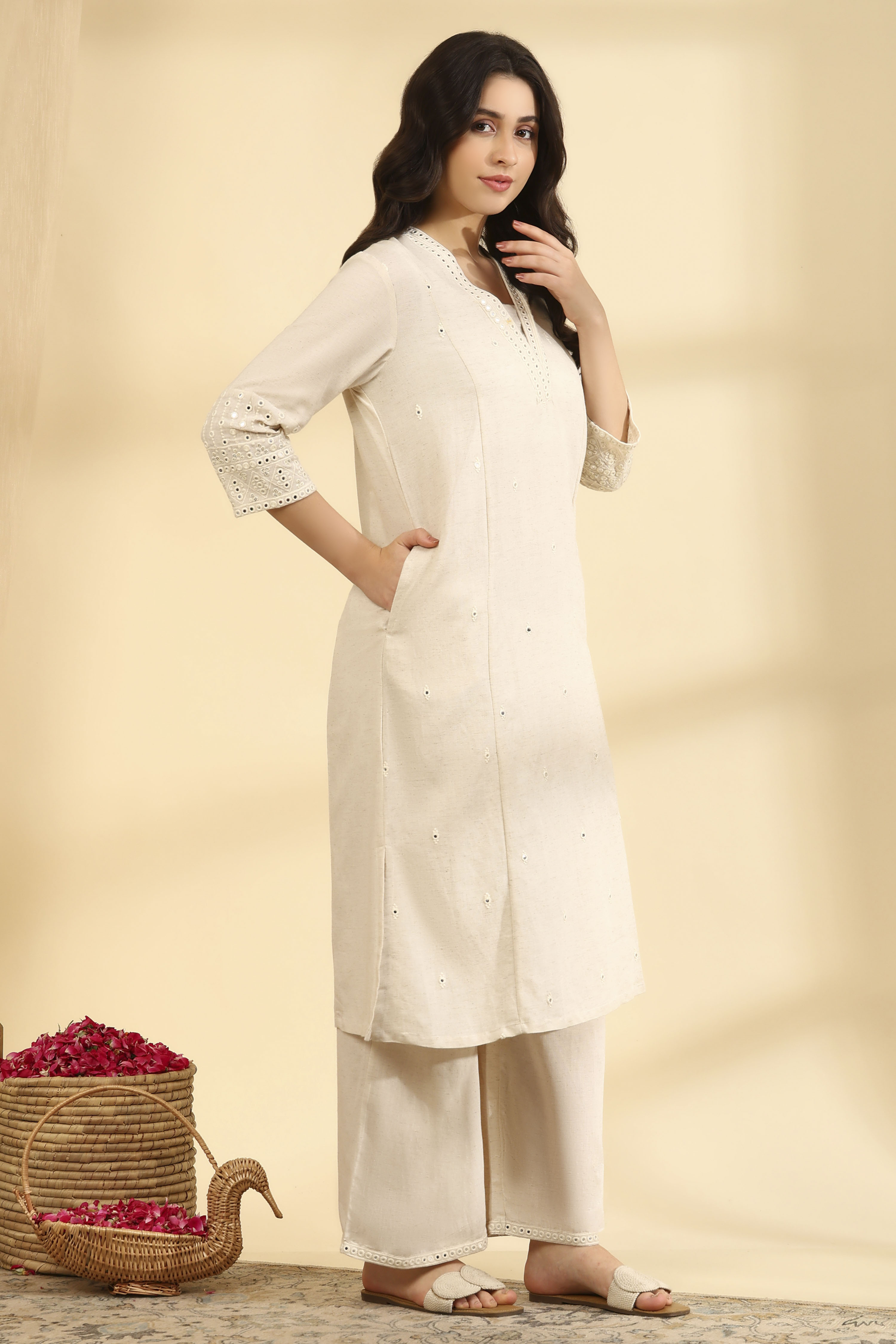 Off White Rayon Flex Straight Co-ord Set image number 4