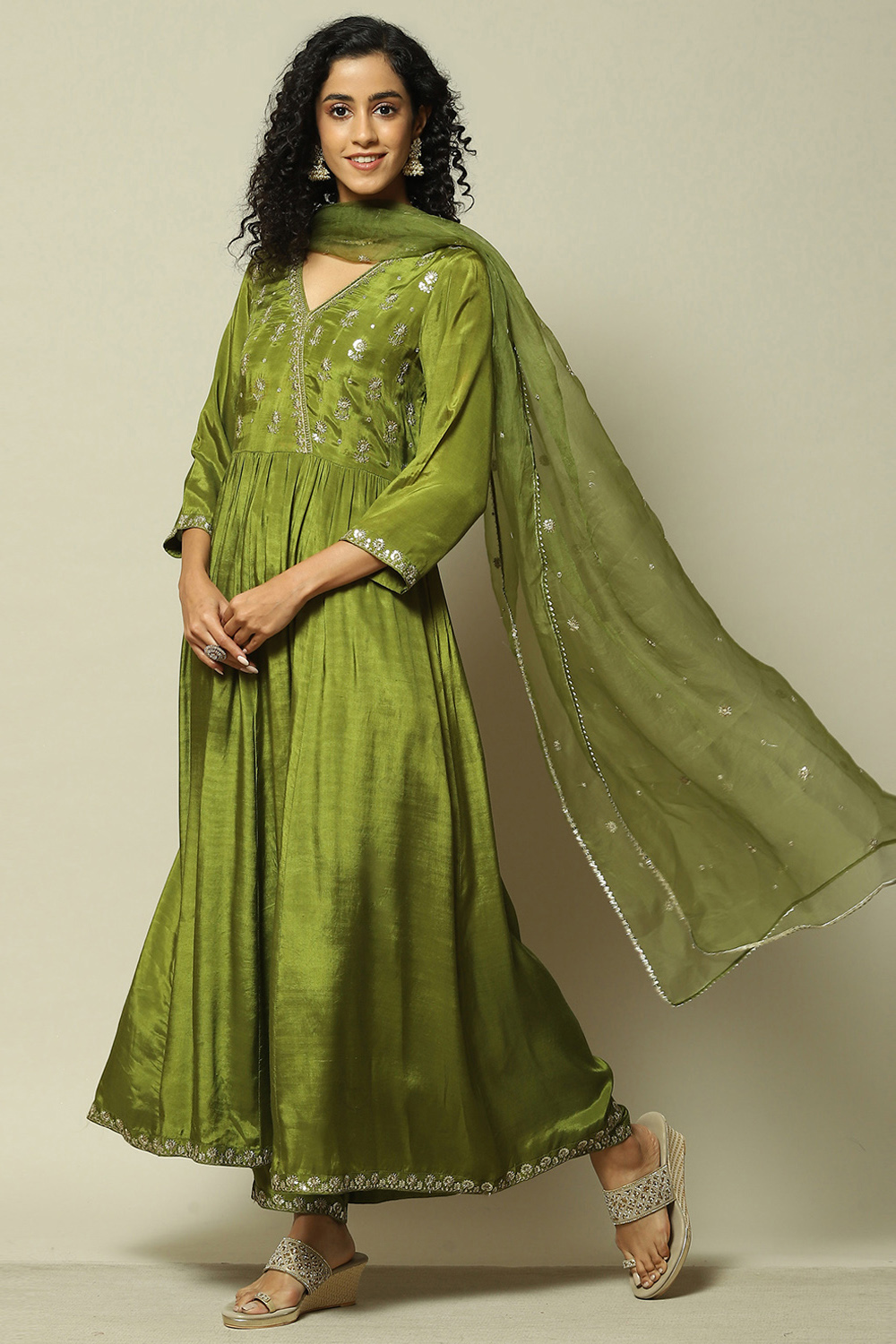 Green LIVA Kalidar Solid Kurta Palazzo Suit Set image number 4