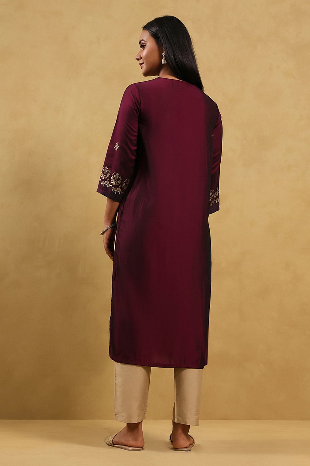 Wine Polyester Blend Printed Straight Kurta image number 3