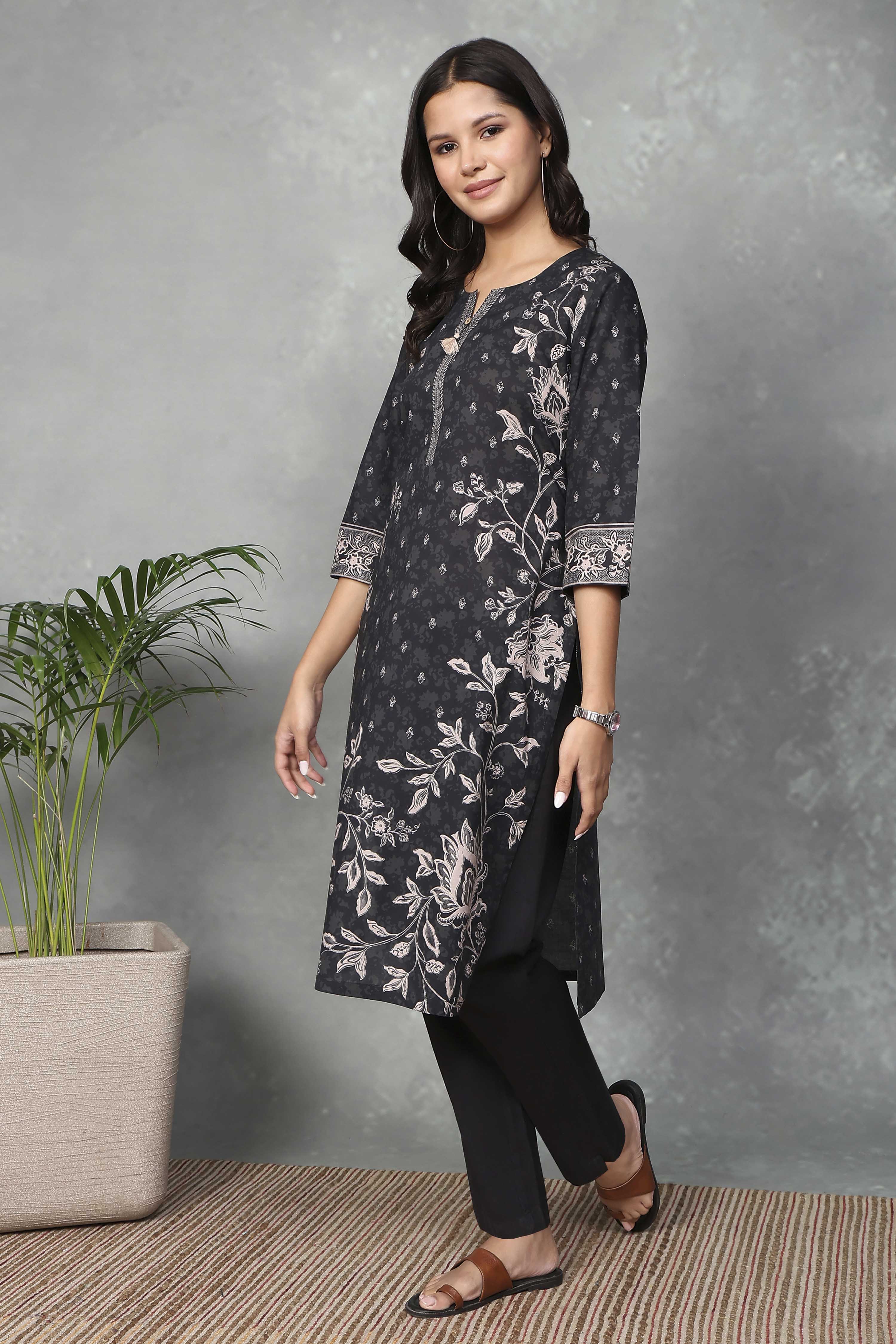 Black Cotton Printed Straight Kurta image number 2