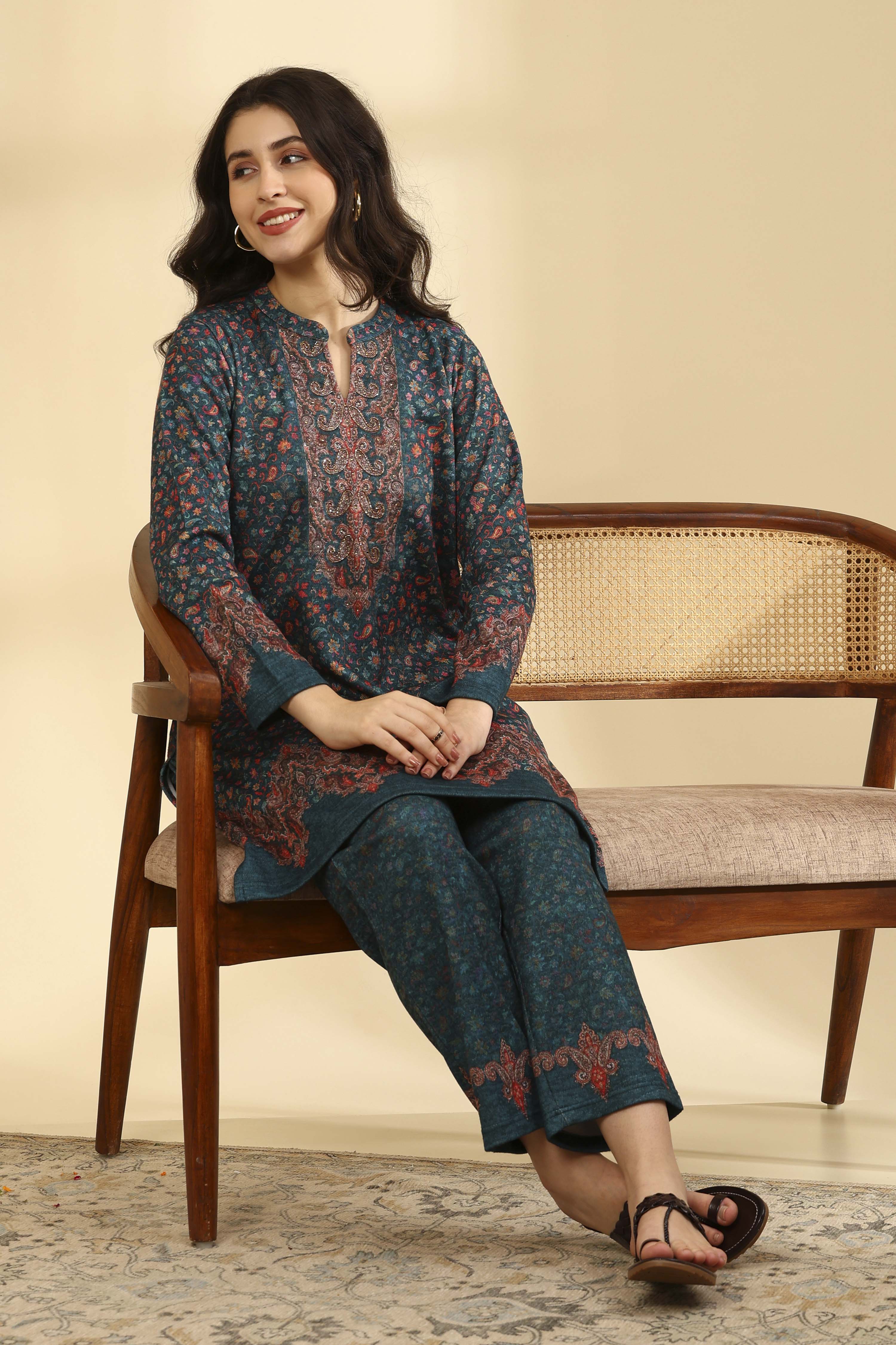 Teal Acrylic Straight Printed Kurta Pants Set image number 0