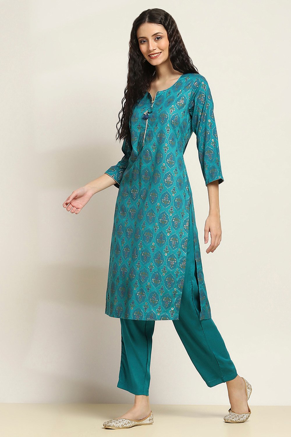 Pink Viscose Rayon Printed Straight Kurta Pants Set image number 3