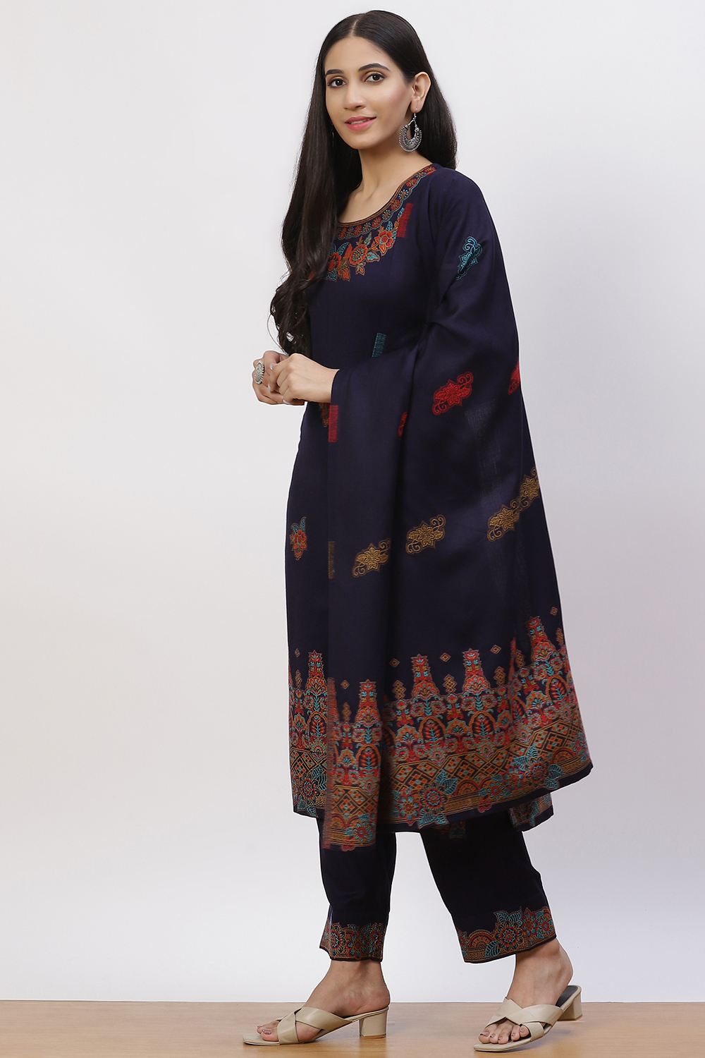 Navy Blue Acrylic Straight Suit Set image number 2