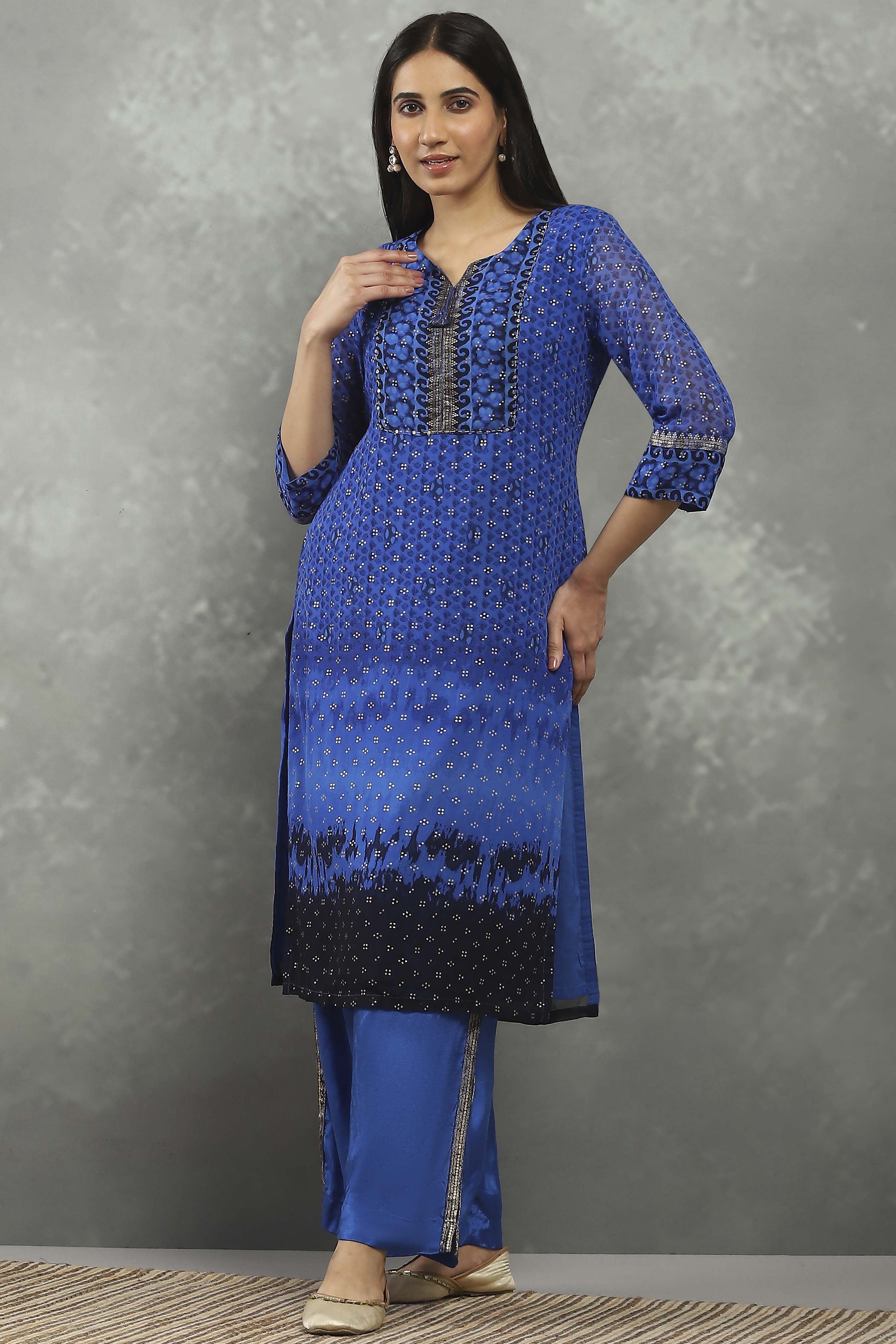 Blue Polyester Straight Kurta Pants Set image number 0