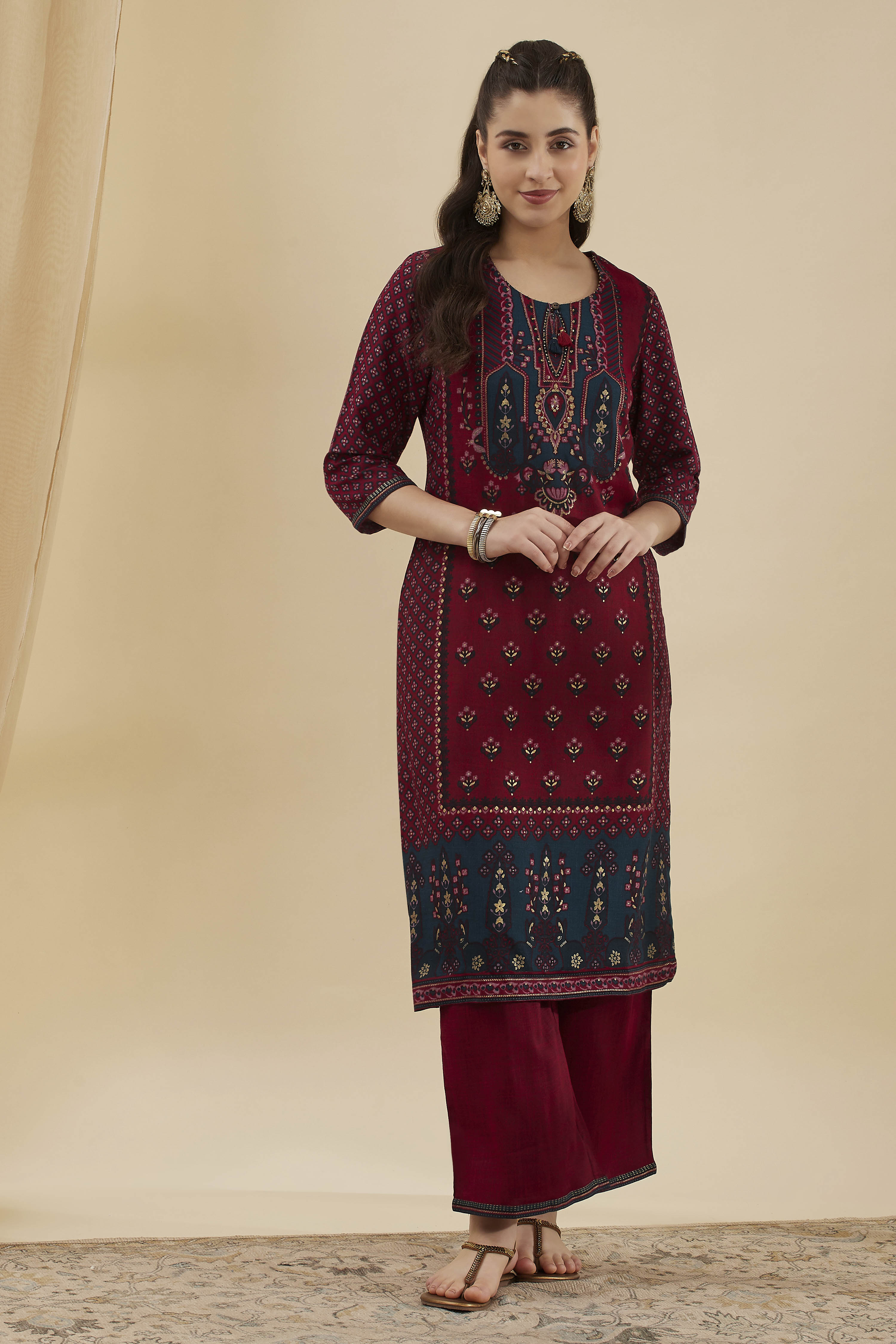 Mustard Viscose Blend Straight Printed  image number 6